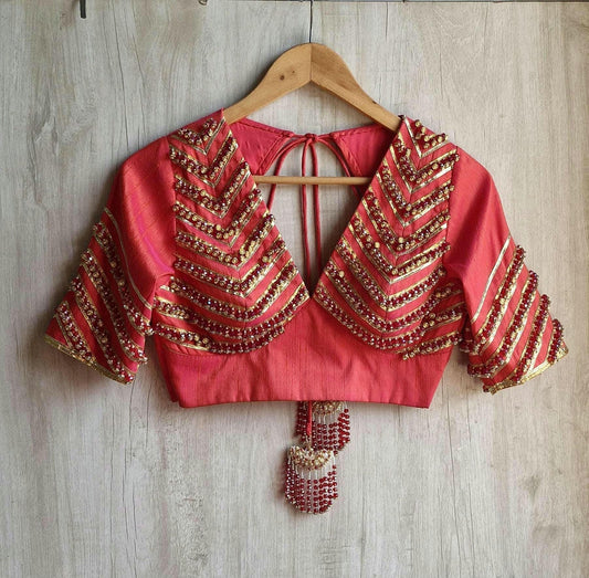Hand Embroidered Saree Blouse, Coral Pink Silk, V Neck Elbow Sleeves DVBL_474