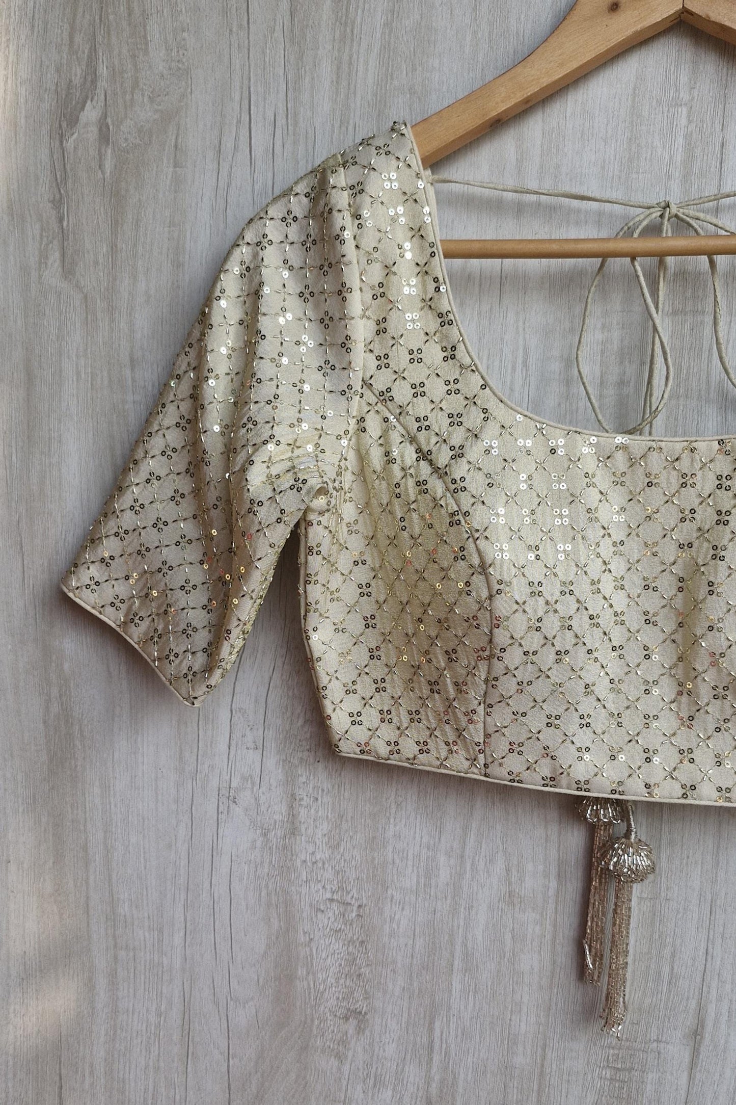 Embroidered Saree Blouse, Cream Gold Silk, Round Neck Elbow Sleeves DVBL_475