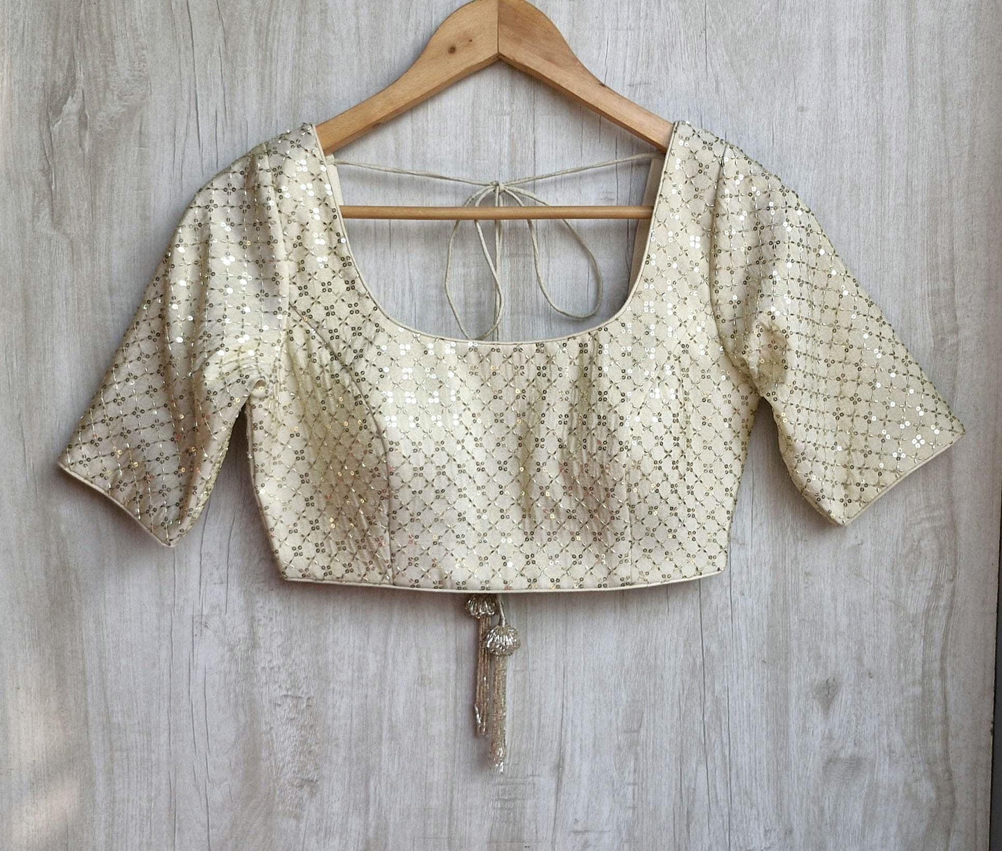 Embroidered Saree Blouse, Cream Gold Silk, Round Neck Elbow Sleeves DVBL_475
