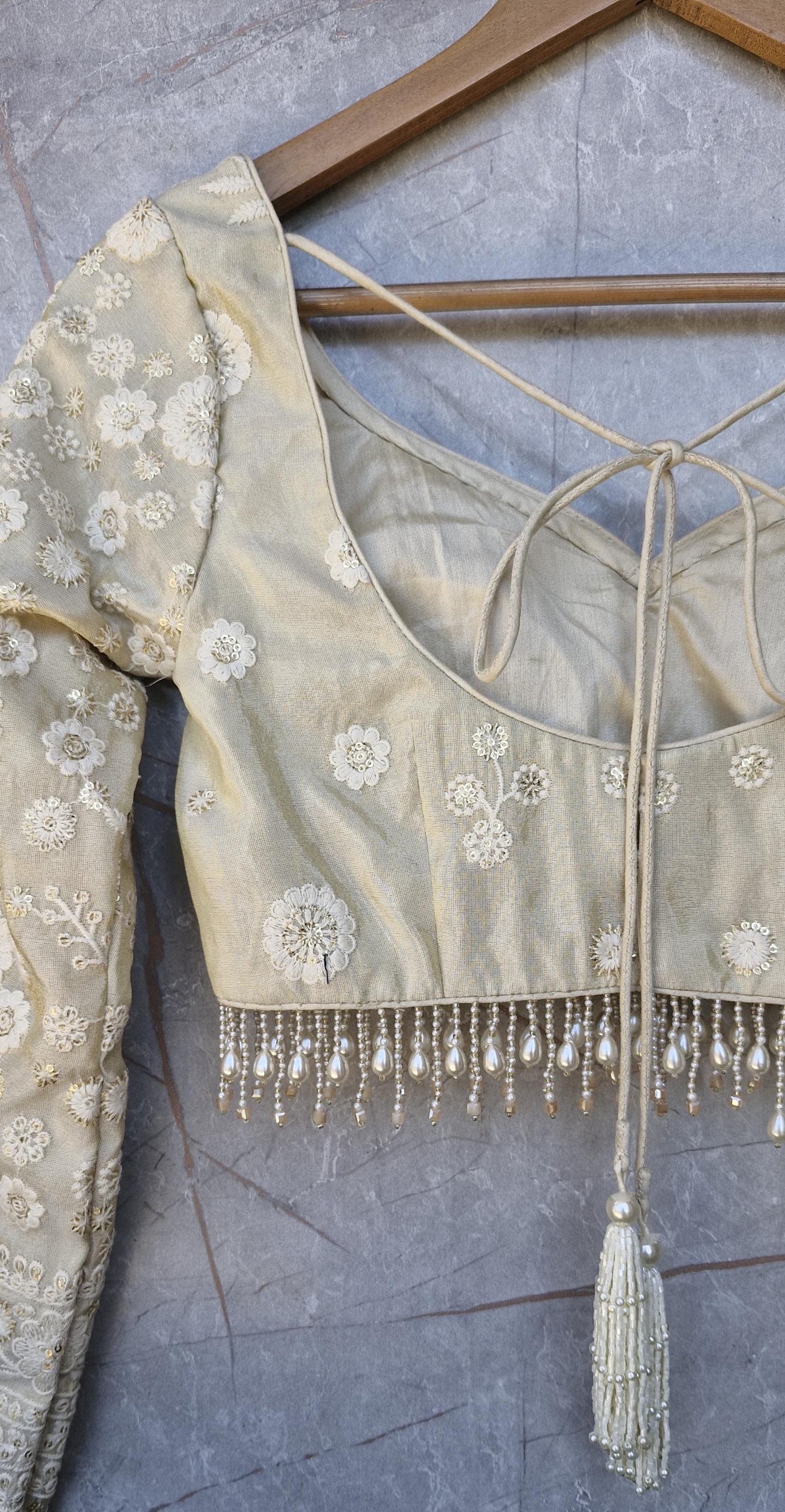 Cream Gold Embroidered Tissue Silk Blouse DVBL_472