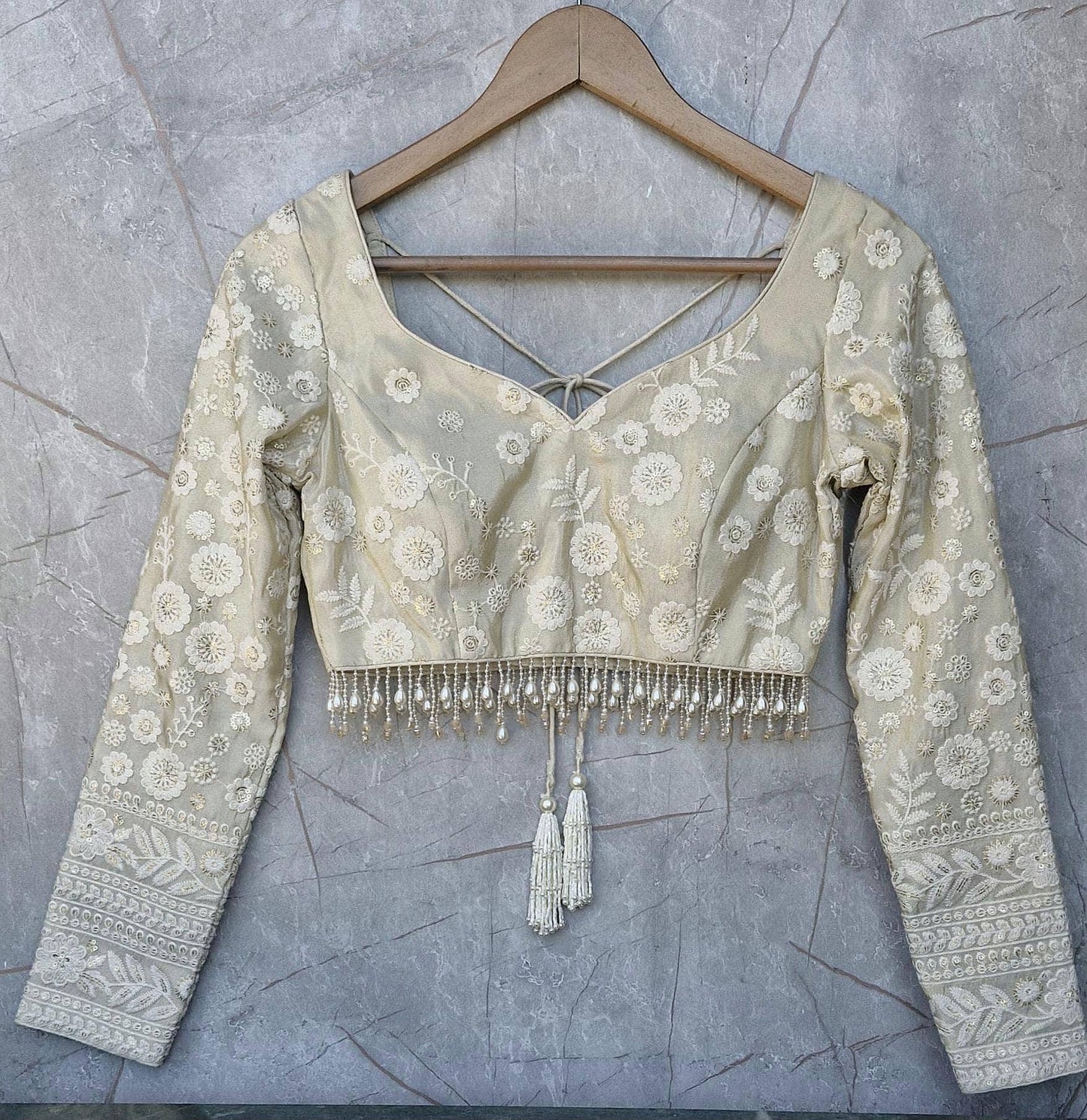 Cream Gold Embroidered Tissue Silk Blouse DVBL_472