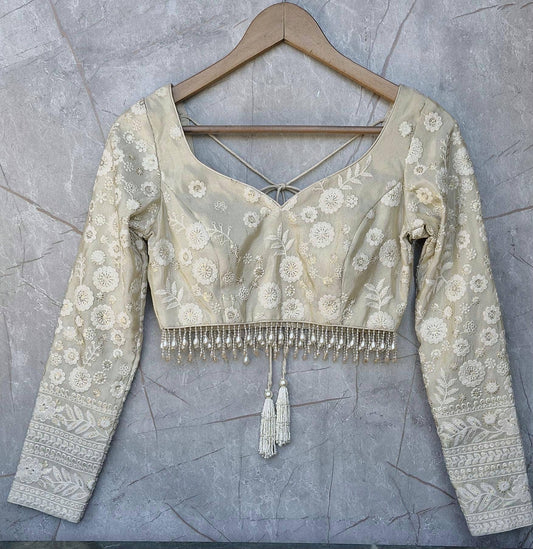 Cream Gold Embroidered Tissue Silk Blouse DVBL_472