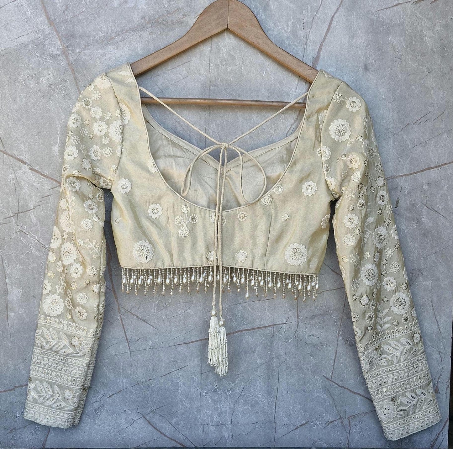 Cream Gold Embroidered Tissue Silk Blouse DVBL_472