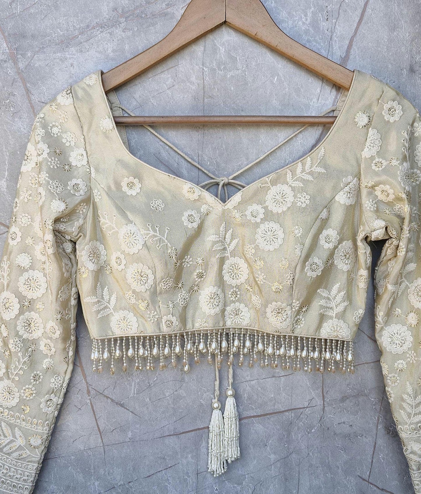 Cream Gold Embroidered Tissue Silk Blouse DVBL_472