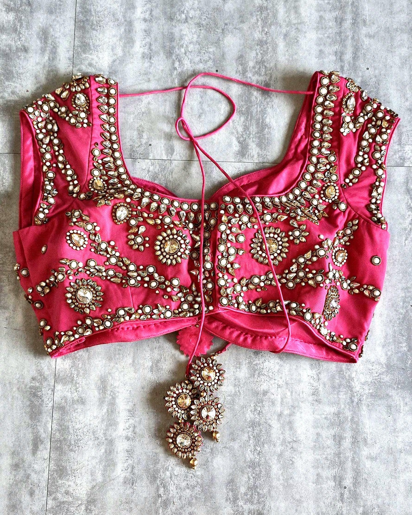 Hand Embroidered Saree Blouse, Pink Sweetheart Neck Cap Sleeves Bridal DVBL_478