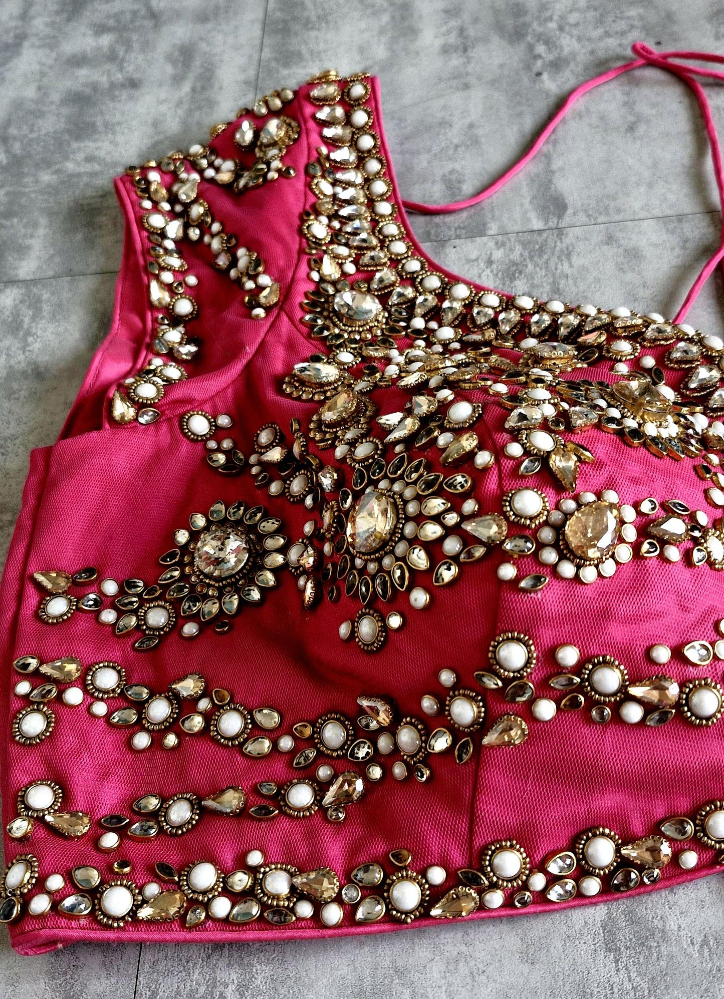 Hand Embroidered Saree Blouse, Pink Sweetheart Neck Cap Sleeves Bridal DVBL_478