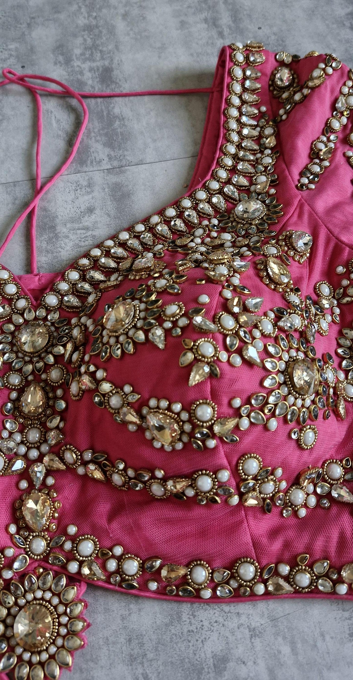 Hand Embroidered Saree Blouse, Pink Sweetheart Neck Cap Sleeves Bridal DVBL_478