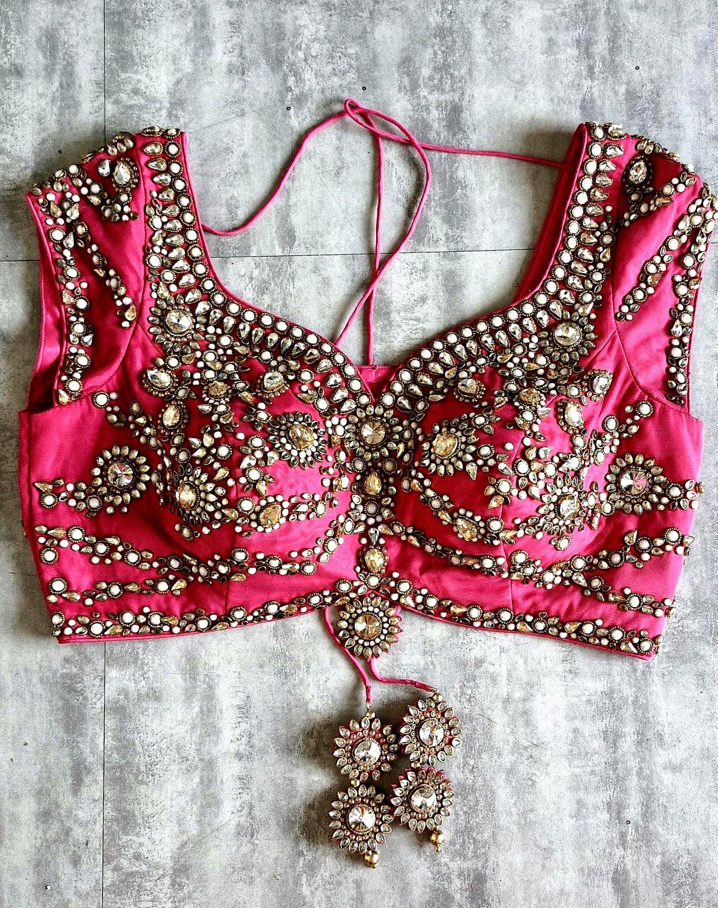 Hand Embroidered Saree Blouse, Pink Sweetheart Neck Cap Sleeves Bridal DVBL_478