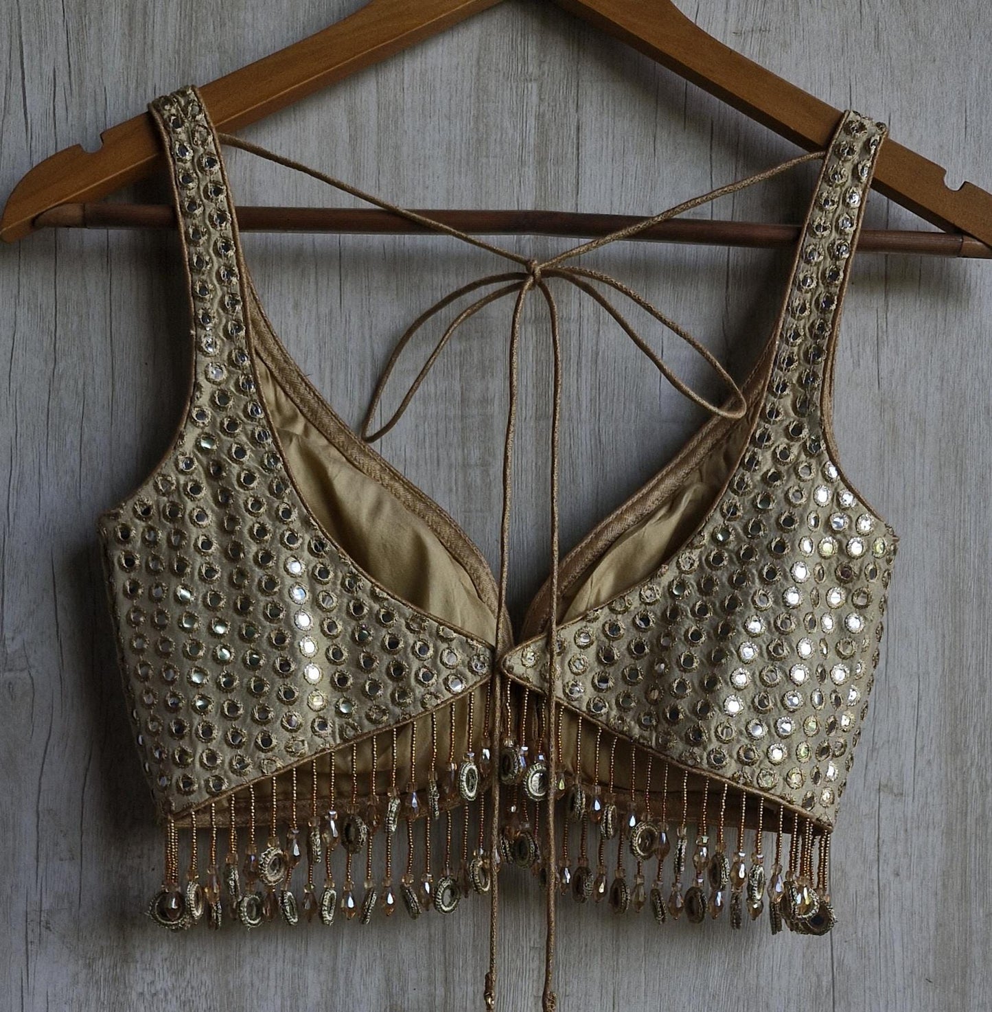 Champagne Gold Saree Blouse, Tissue Silk Sweetheart Neck, Mirror Fringes DVBL_479
