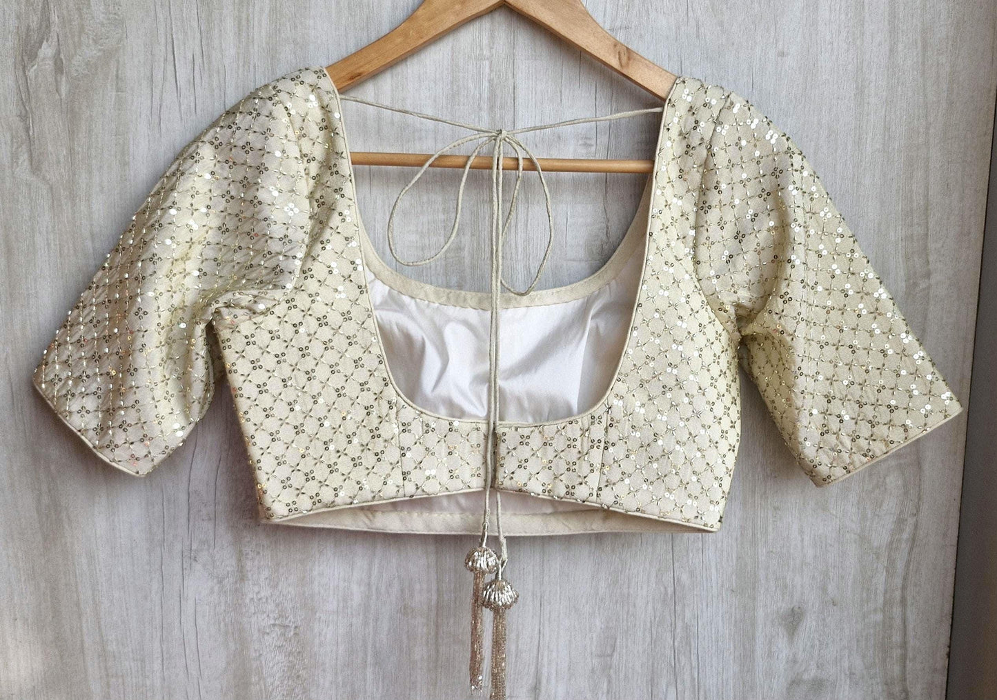 Embroidered Saree Blouse, Cream Gold Silk, Round Neck Elbow Sleeves DVBL_475