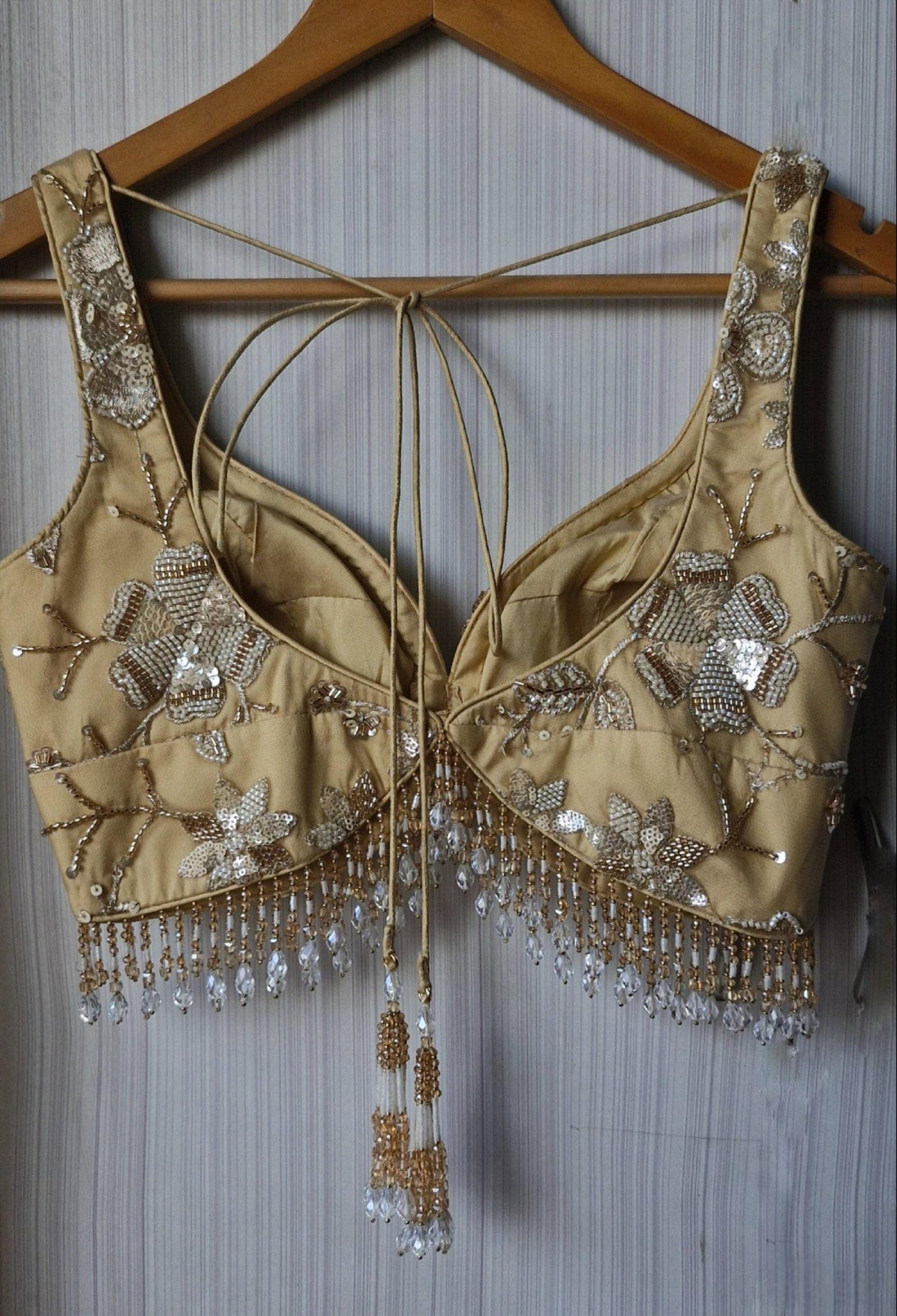 Golden Beige Saree Blouse, Embroidered Net Sweetheart Neck DVBL_476