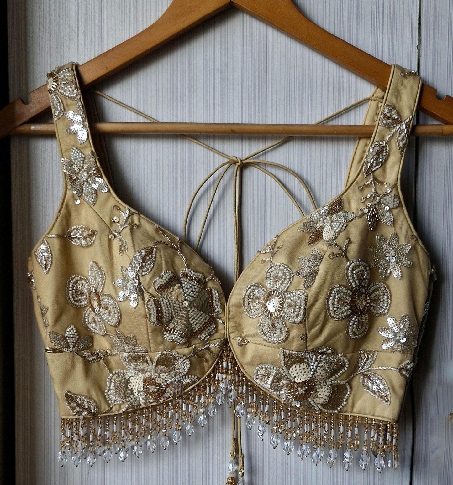Golden Beige Saree Blouse, Embroidered Net Sweetheart Neck DVBL_476