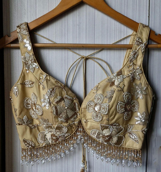 Golden Beige Saree Blouse, Embroidered Net Sweetheart Neck DVBL_476