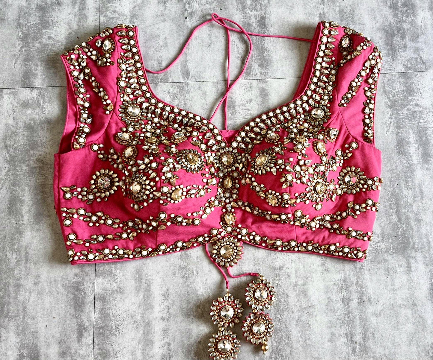 Hand Embroidered Saree Blouse, Pink Sweetheart Neck Cap Sleeves Bridal DVBL_478