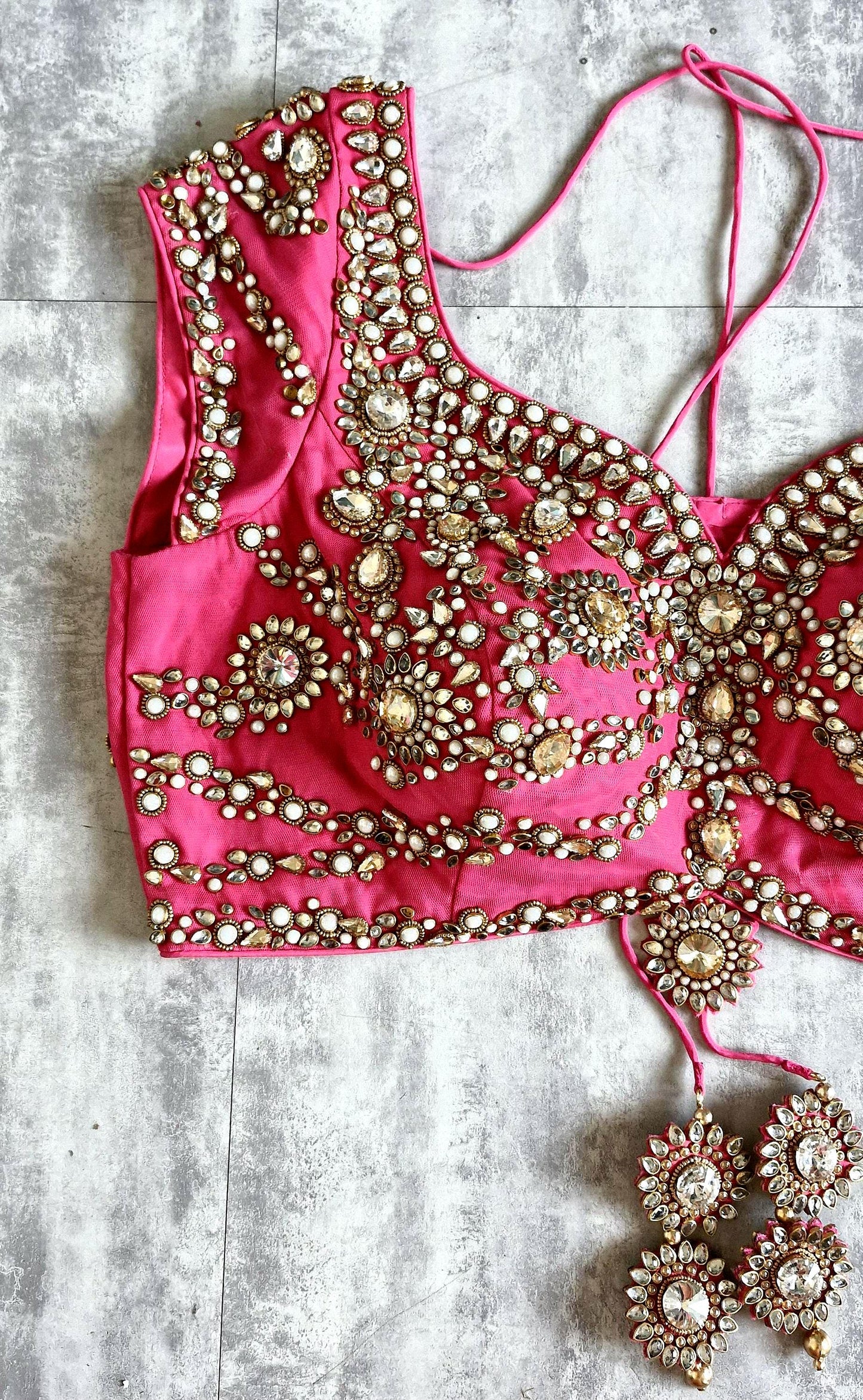 Hand Embroidered Saree Blouse, Pink Sweetheart Neck Cap Sleeves Bridal DVBL_478
