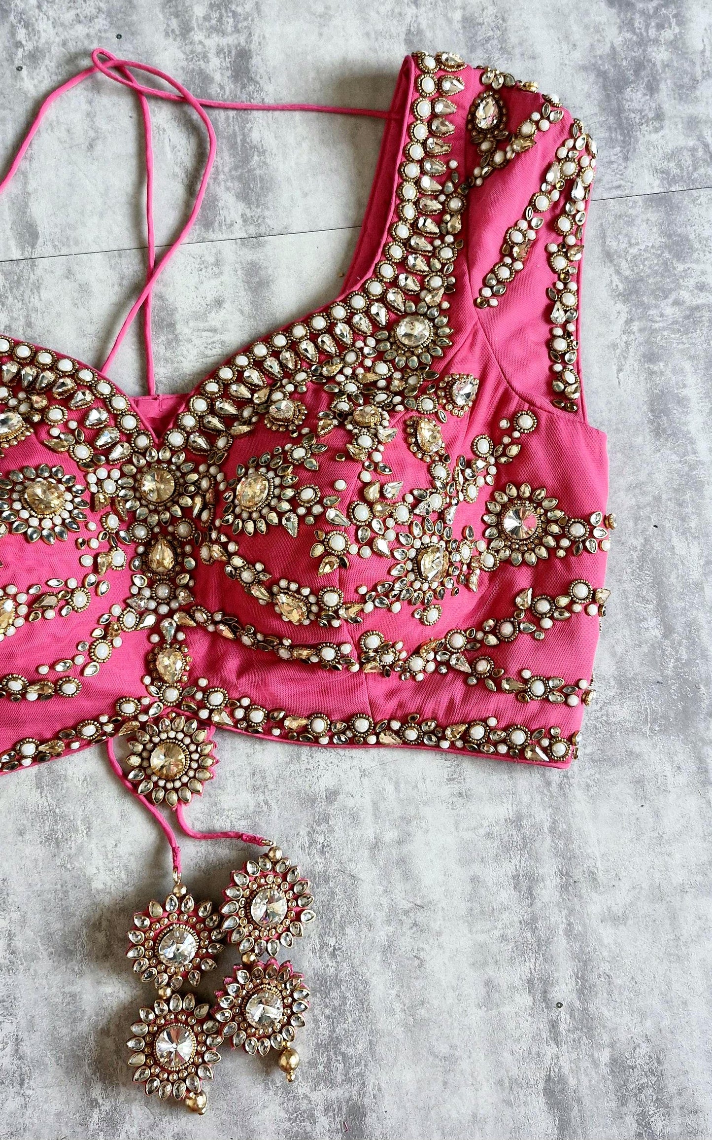 Hand Embroidered Saree Blouse, Pink Sweetheart Neck Cap Sleeves Bridal DVBL_478