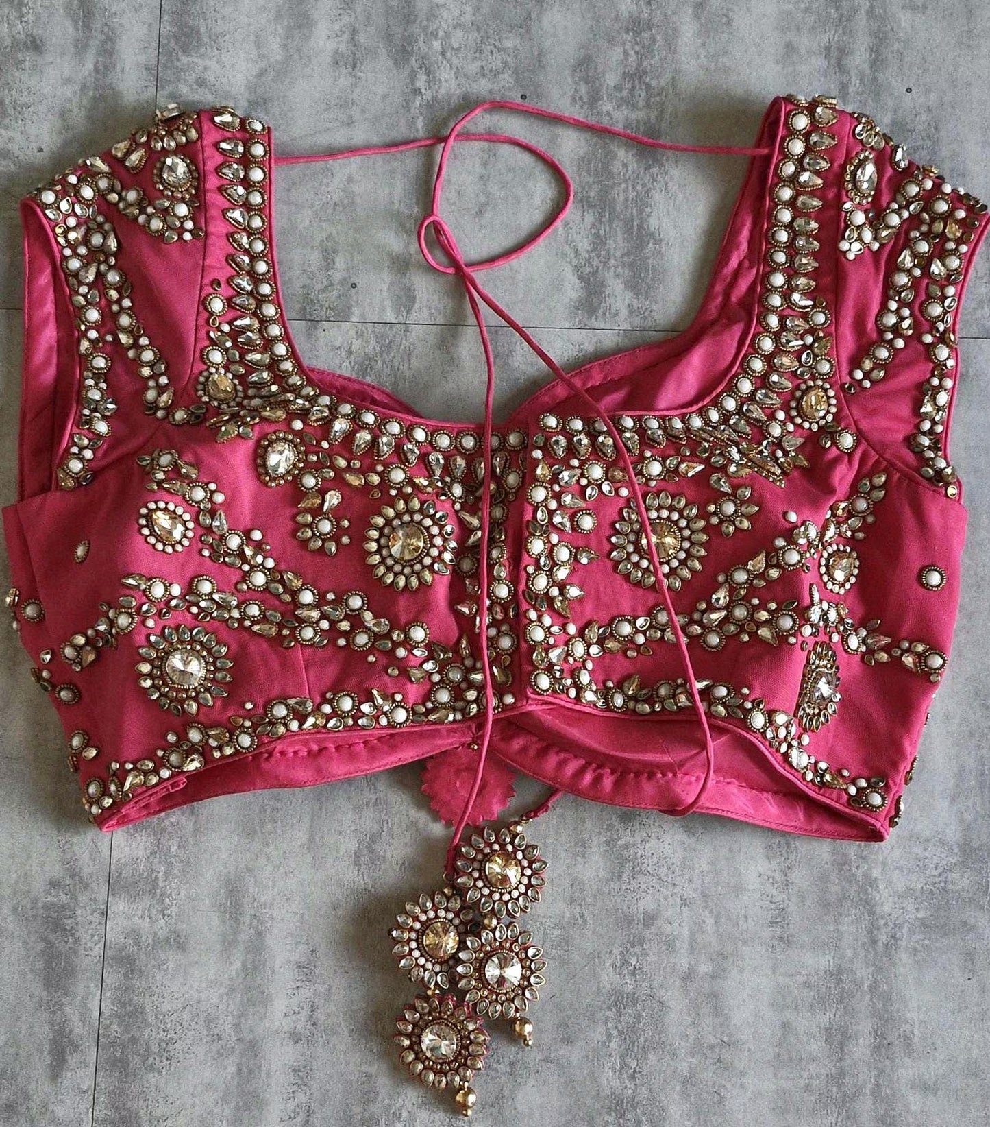 Hand Embroidered Saree Blouse, Pink Sweetheart Neck Cap Sleeves Bridal DVBL_478
