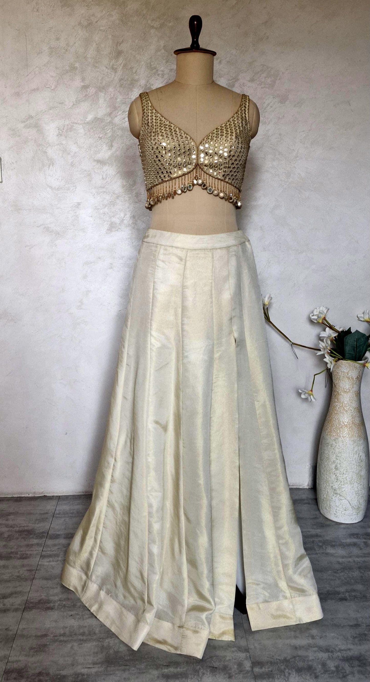 Champagne Gold Lehenga, Slit Skirt Set, Contemporary Tissue Silk Co-ord Set DVMTD_0287