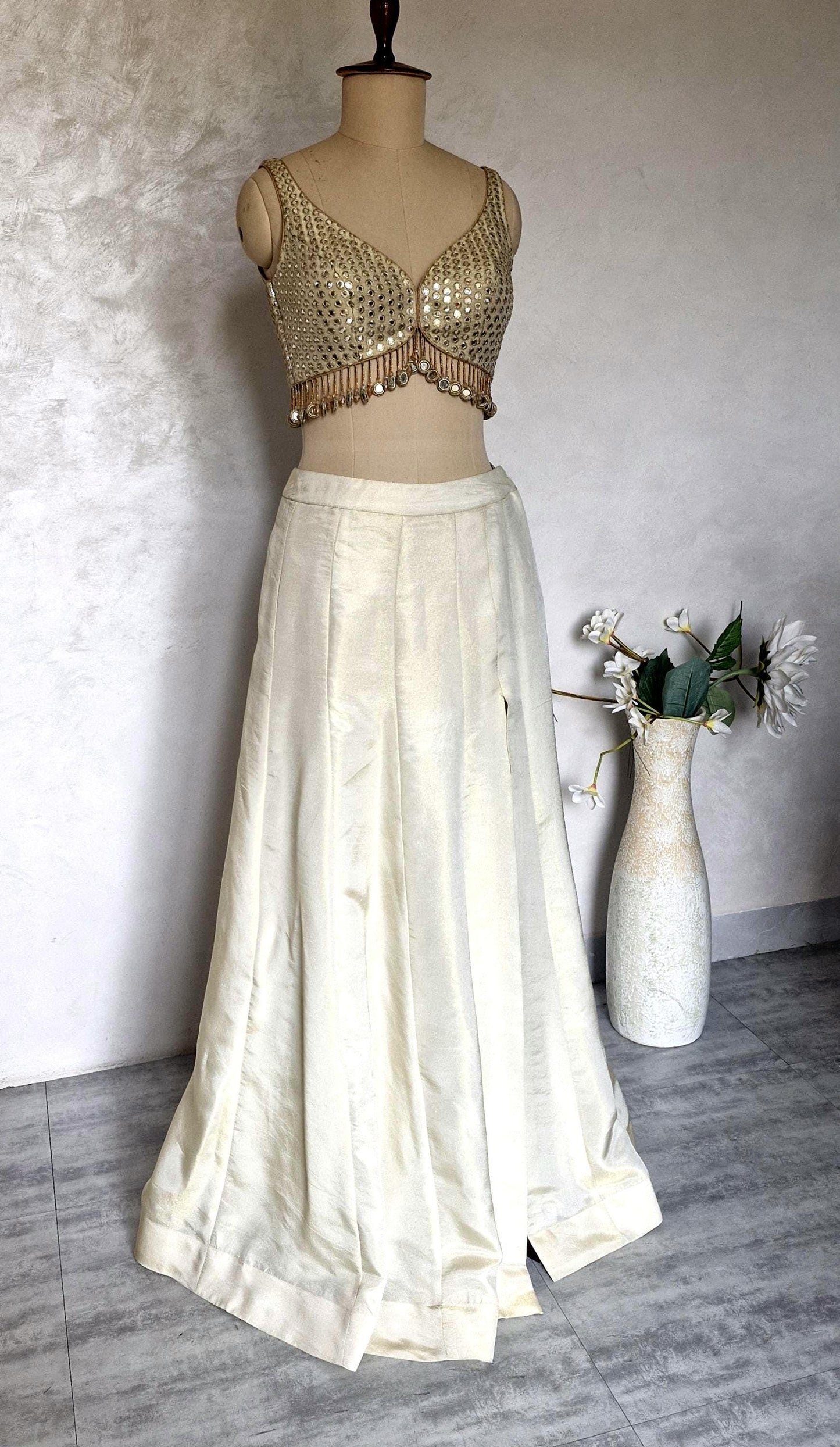 Champagne Gold Lehenga, Slit Skirt Set, Contemporary Tissue Silk Co-ord Set DVMTD_0287