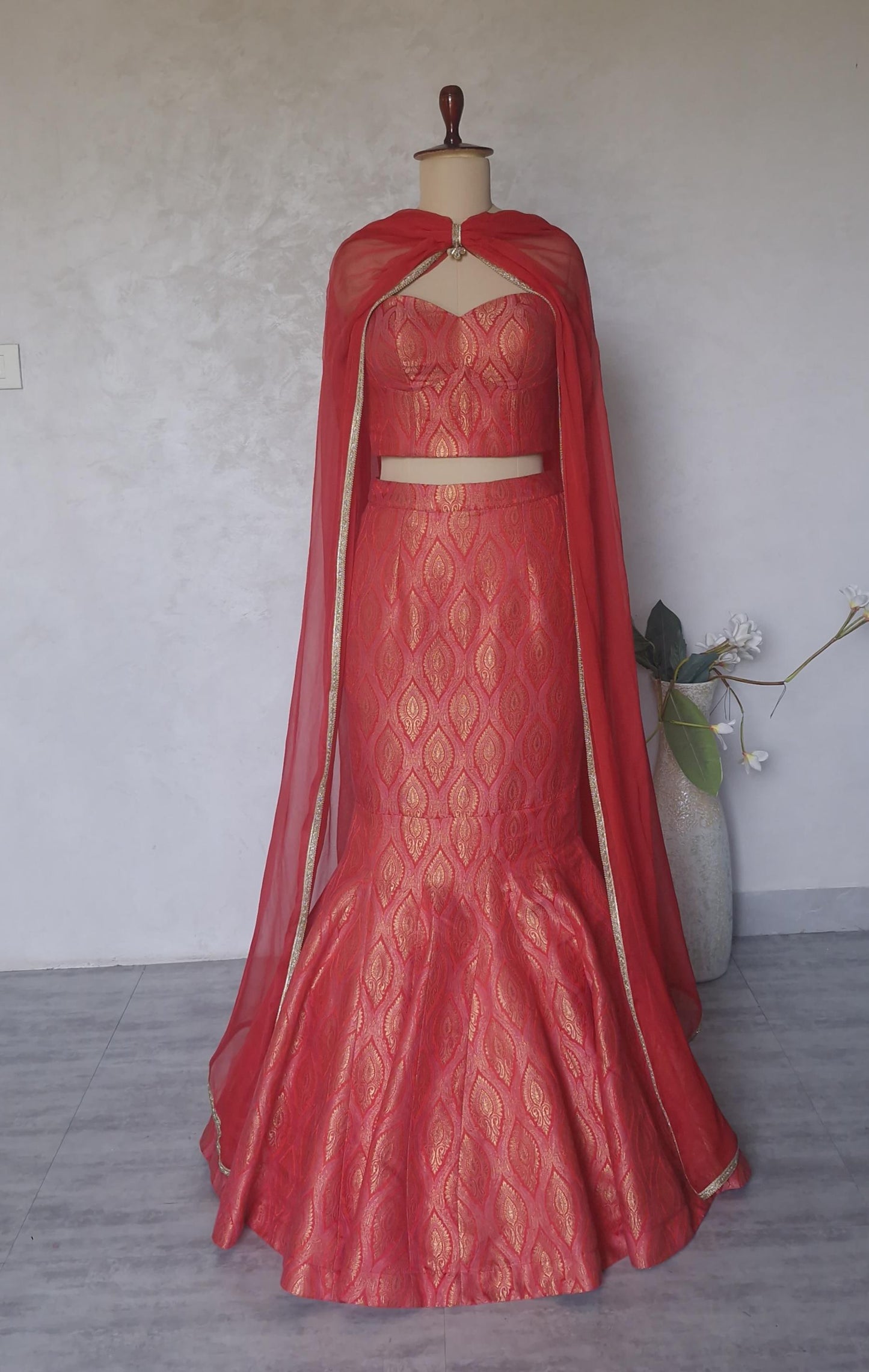 Red Pink Brocade Lehenga, Mermaid Skirt Corset Set, Cocktail Dress DVMTD_0288
