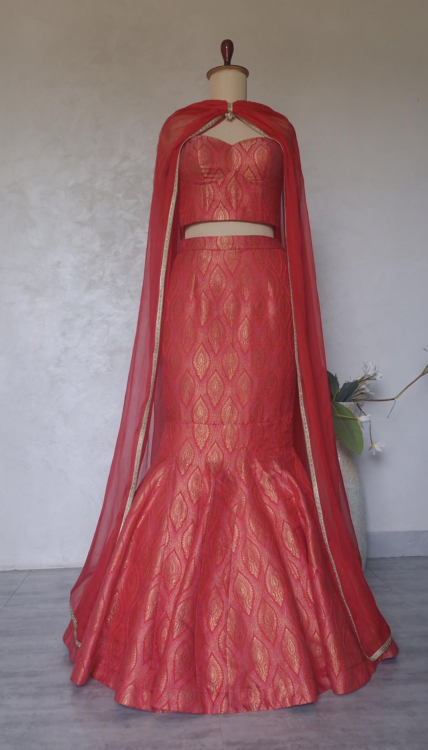 Red Pink Brocade Lehenga, Mermaid Skirt Corset Set, Cocktail Dress DVMTD_0288