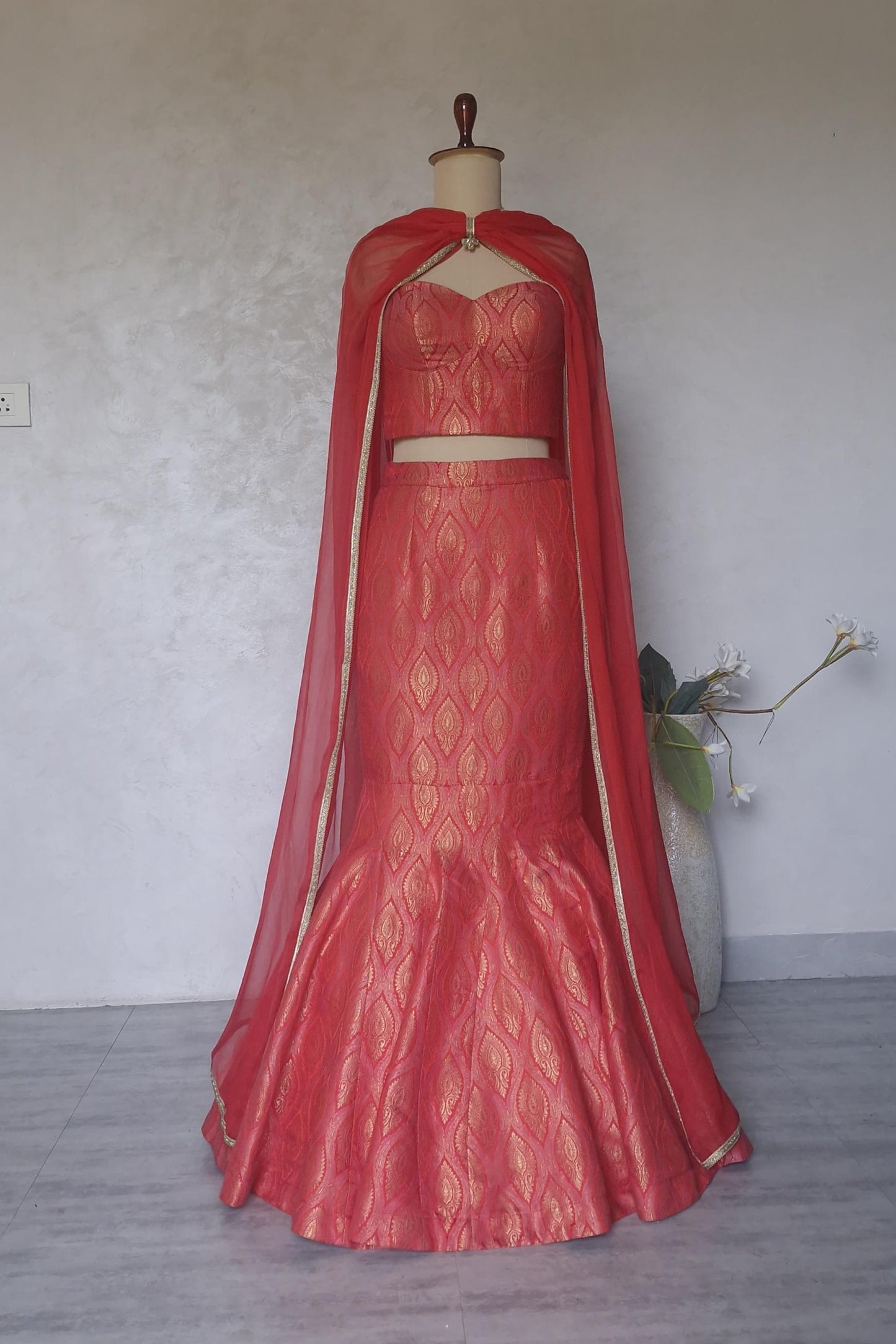 Red Pink Brocade Lehenga, Mermaid Skirt Corset Set, Cocktail Dress DVMTD_0288