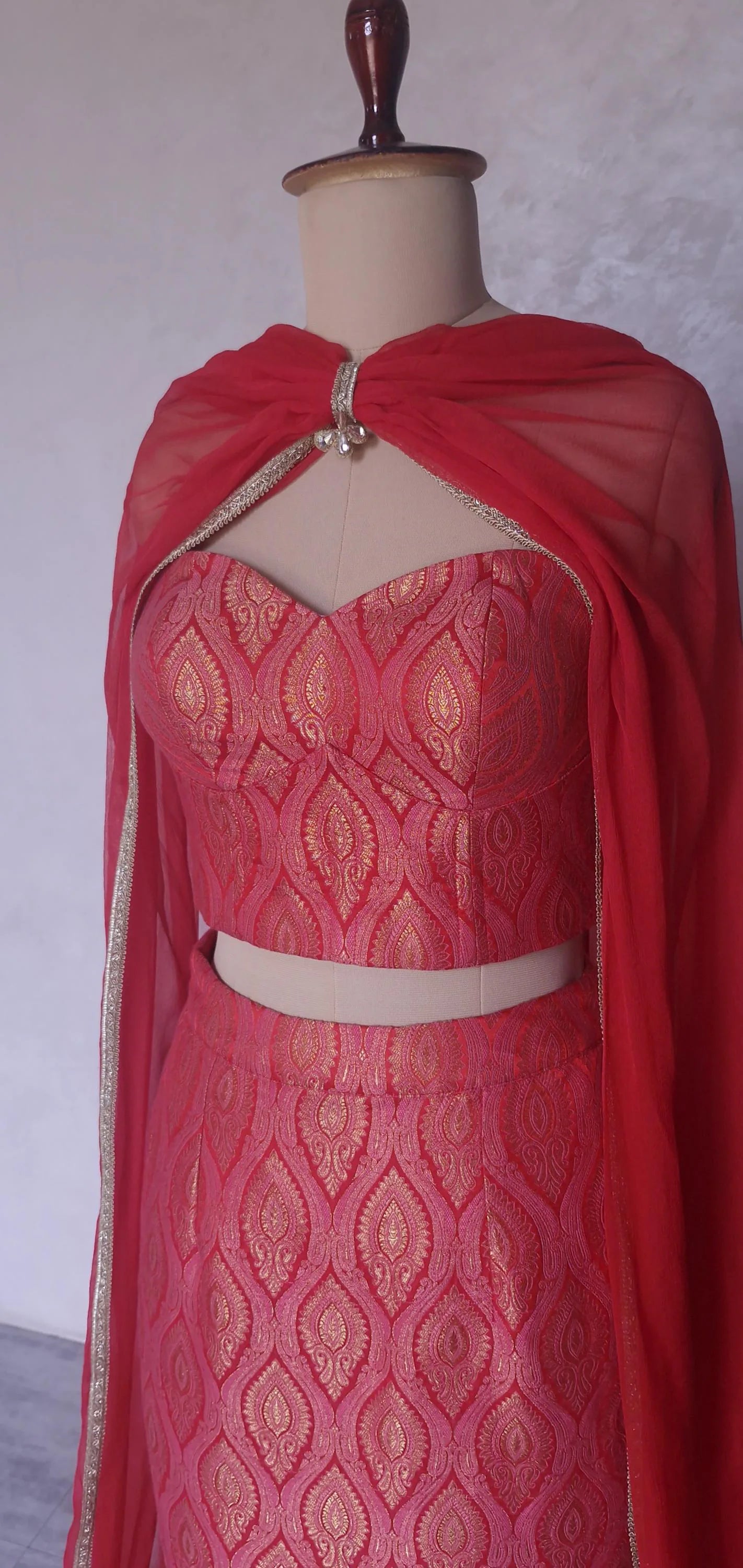 Red Pink Brocade Lehenga, Mermaid Skirt Corset Set, Cocktail Dress DVMTD_0288