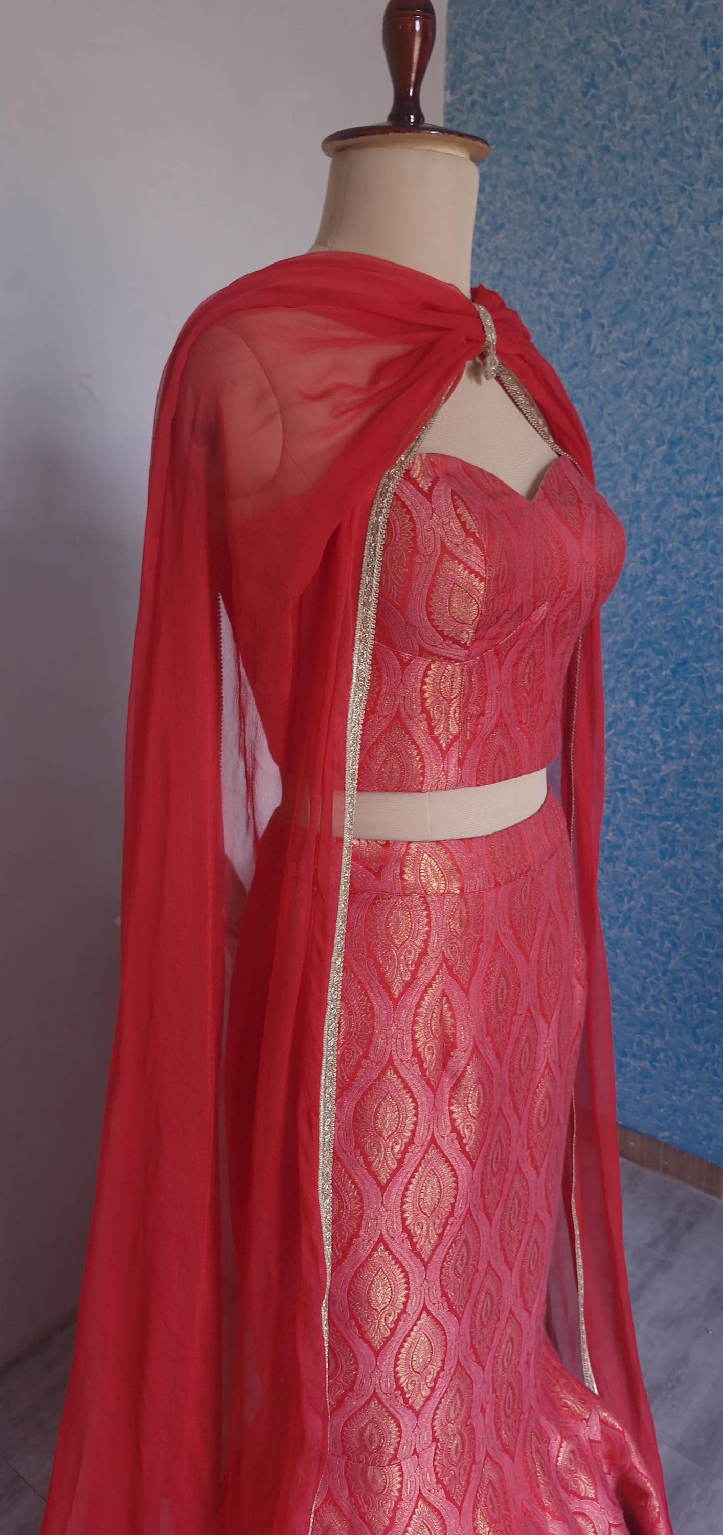 Red Pink Brocade Lehenga, Mermaid Skirt Corset Set, Cocktail Dress DVMTD_0288
