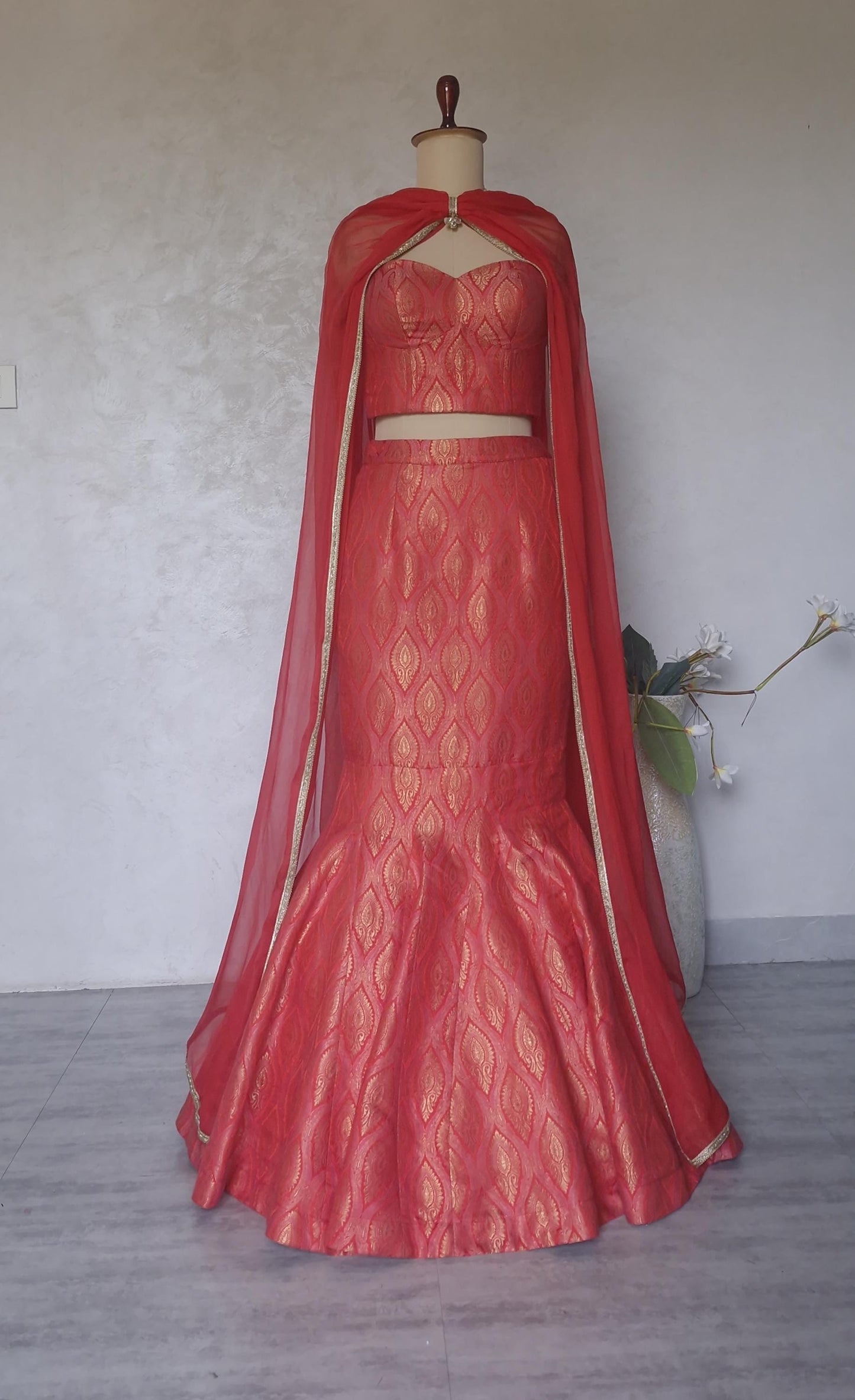Red Pink Brocade Lehenga, Mermaid Skirt Corset Set, Cocktail Dress DVMTD_0288