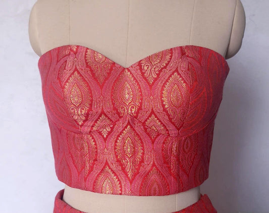 Brocade Silk Indian Corset Blouse, Pink Red Strapless DVCB_014