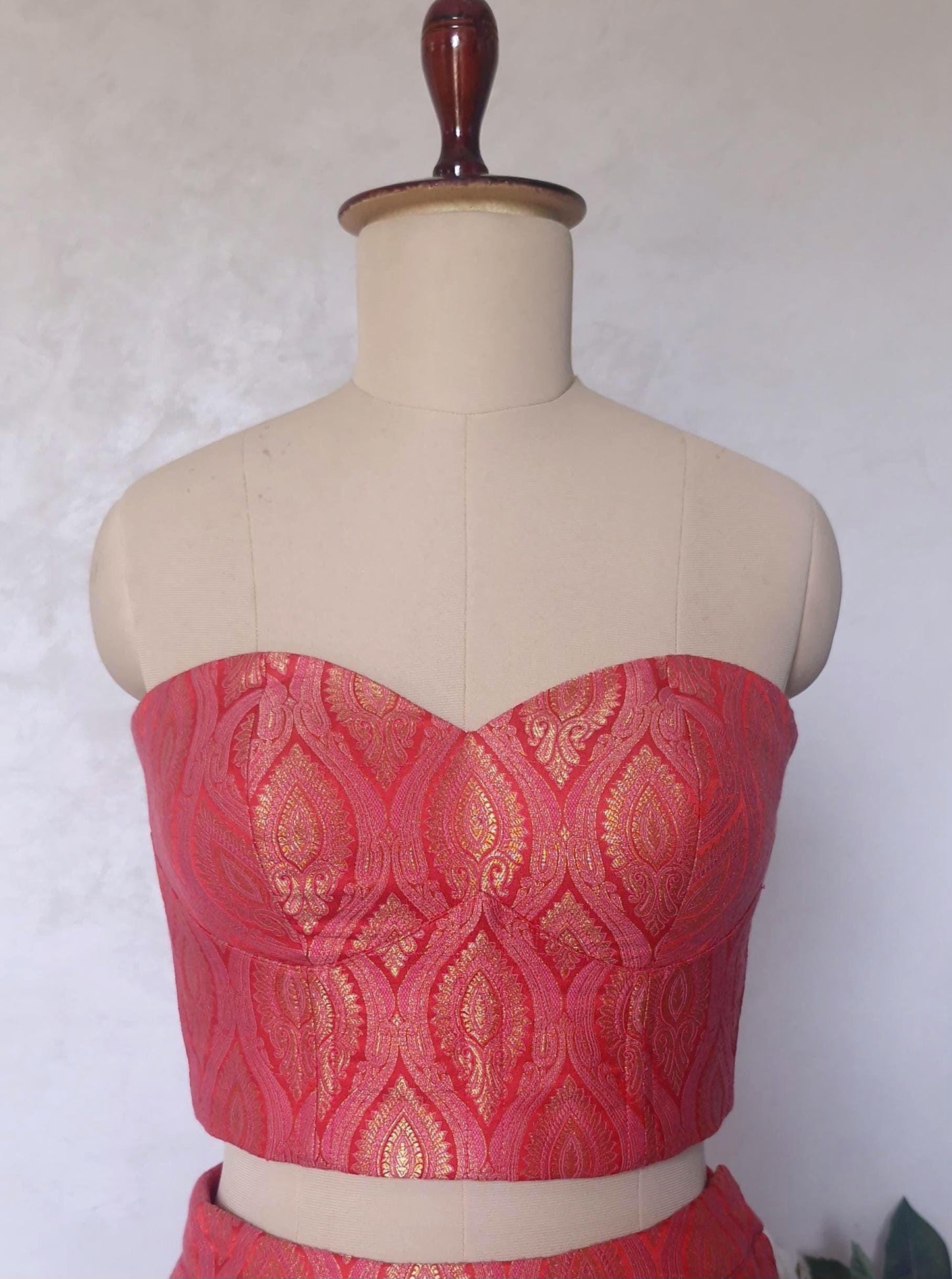 Brocade Silk Indian Corset Blouse, Pink Red Strapless DVCB_014