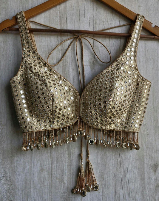 Champagne Gold Saree Blouse, Tissue Silk Sweetheart Neck, Mirror Fringes DVBL_479