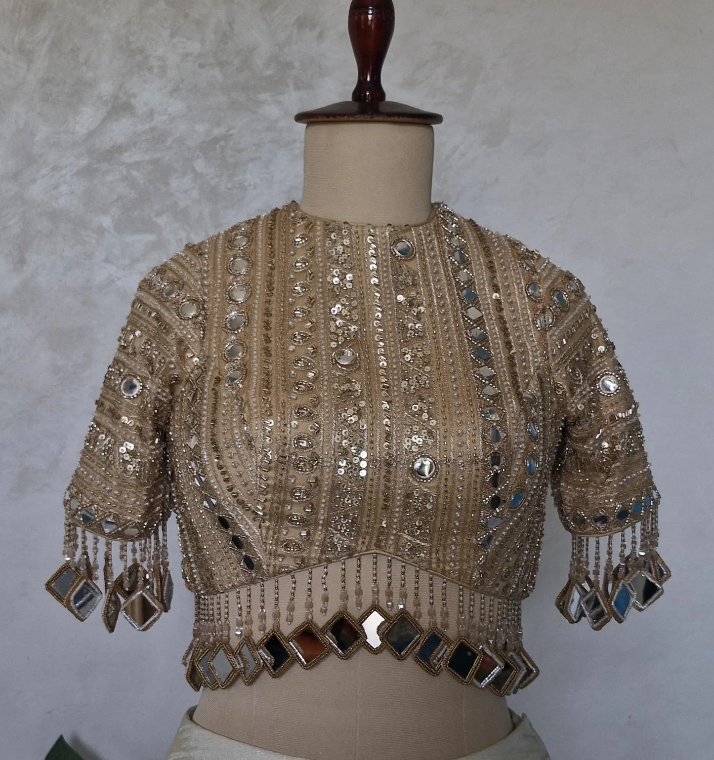 Dark Beige Gold Saree Blouse, Embroidered, Sleeves, Mirror Fringes DVBL_480