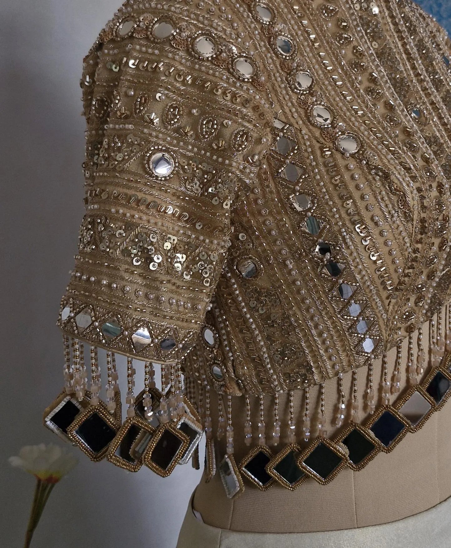 Dark Beige Gold Saree Blouse, Embroidered, Sleeves, Mirror Fringes DVBL_480