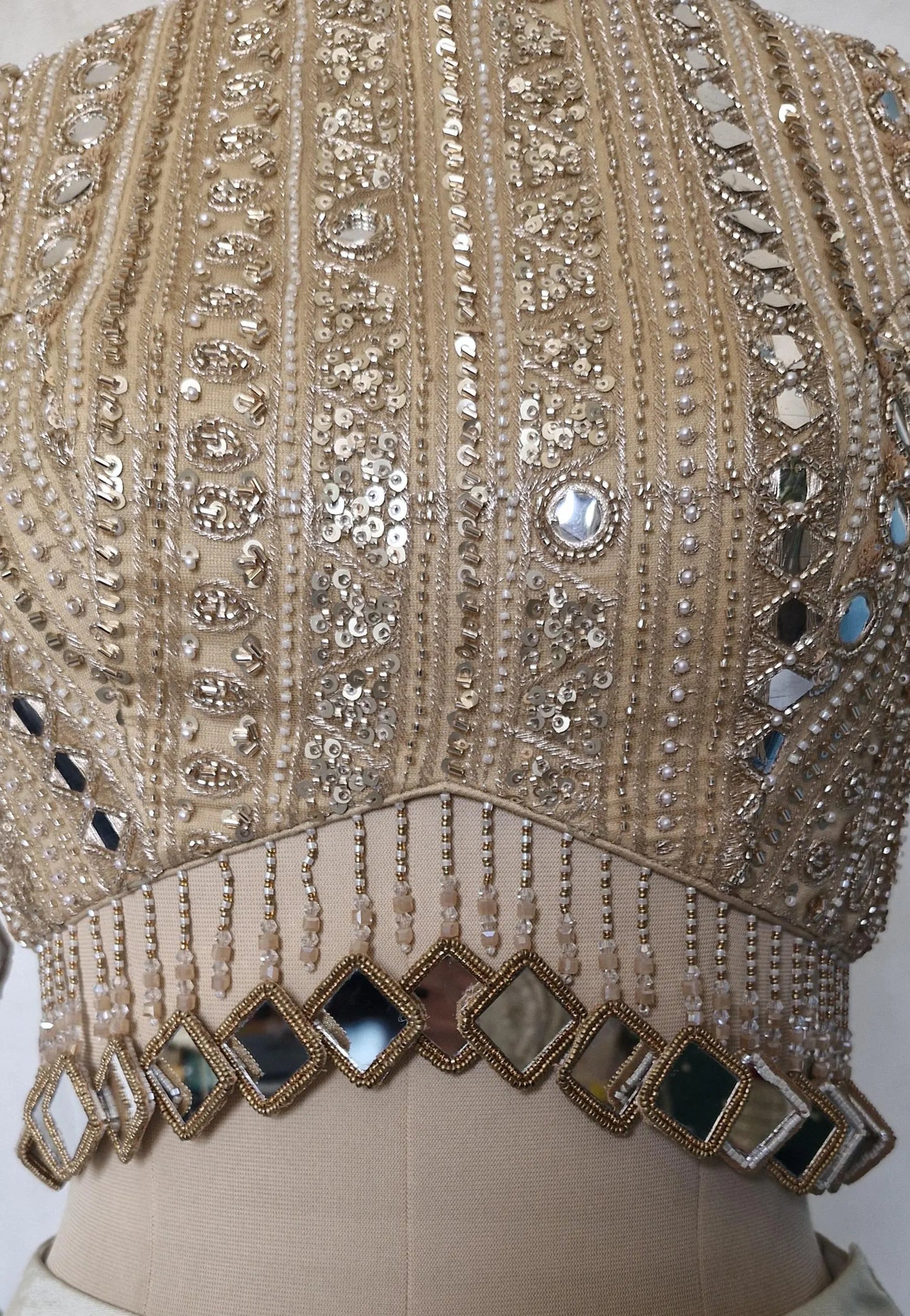 Dark Beige Gold Saree Blouse, Embroidered, Sleeves, Mirror Fringes DVBL_480