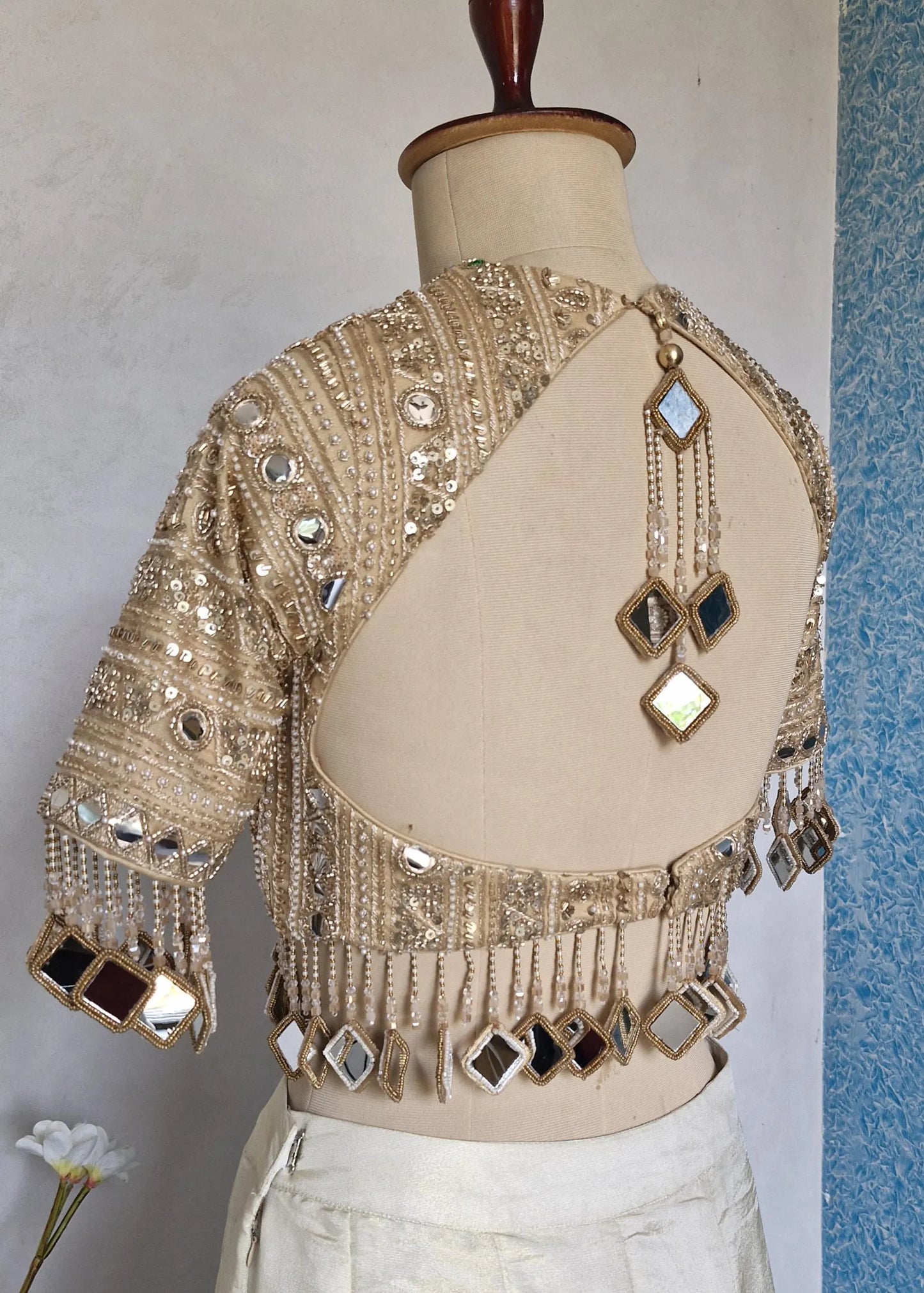 Dark Beige Gold Saree Blouse, Embroidered, Sleeves, Mirror Fringes DVBL_480