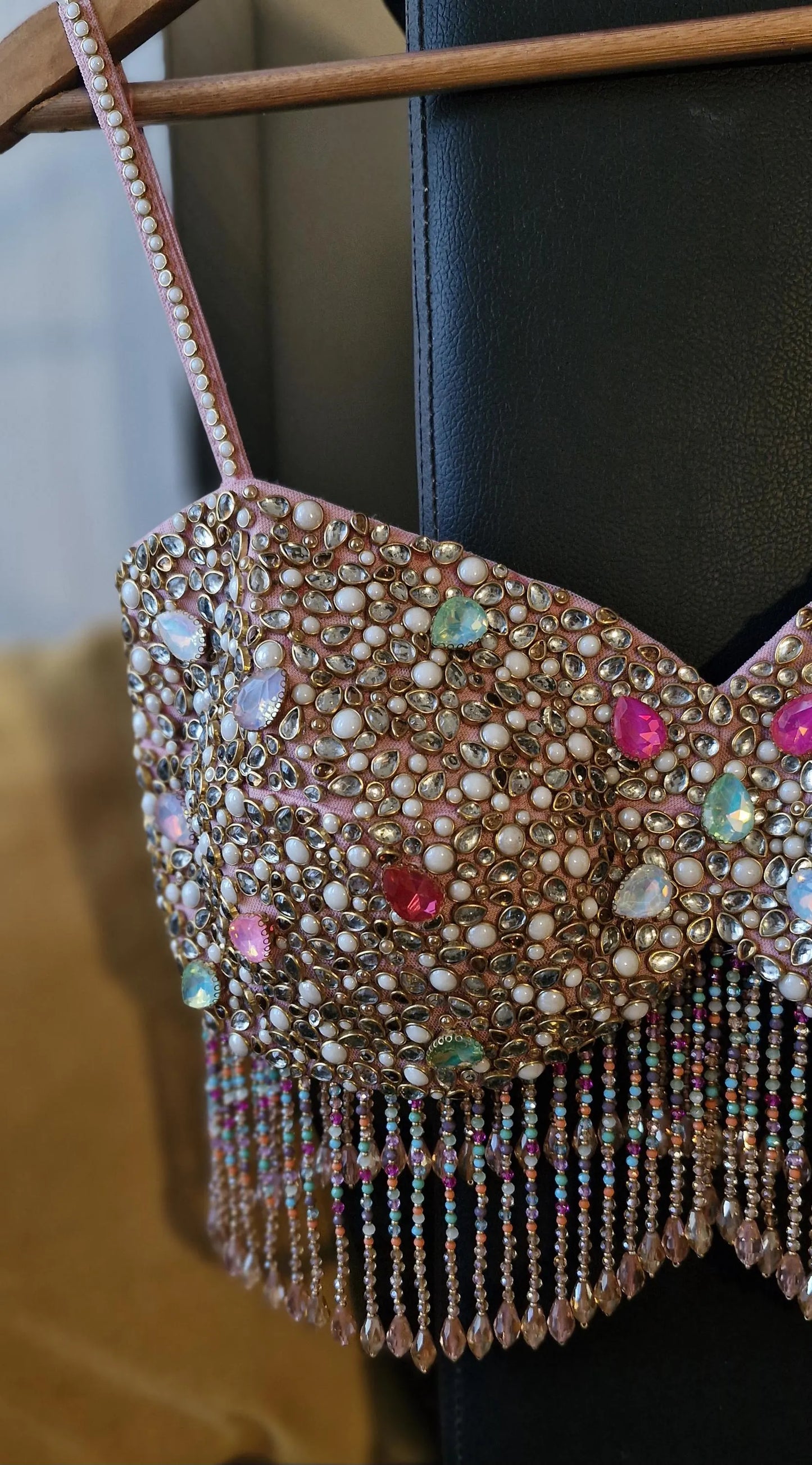Hand Embroidered Dusty Pink Blouse, Beads & Kundan Embellishment, Bralette DVBL_481
