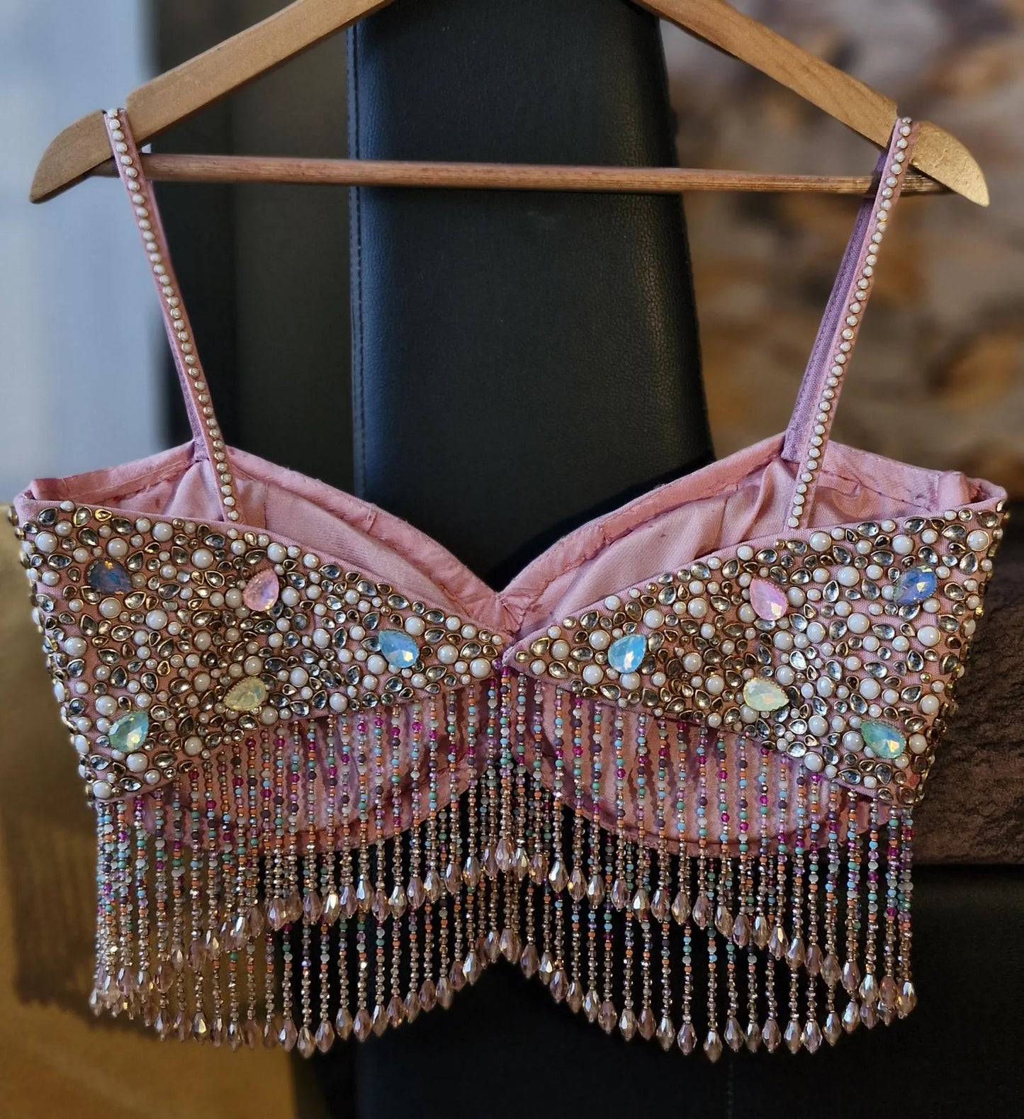Hand Embroidered Dusty Pink Blouse, Beads & Kundan Embellishment, Bralette DVBL_481
