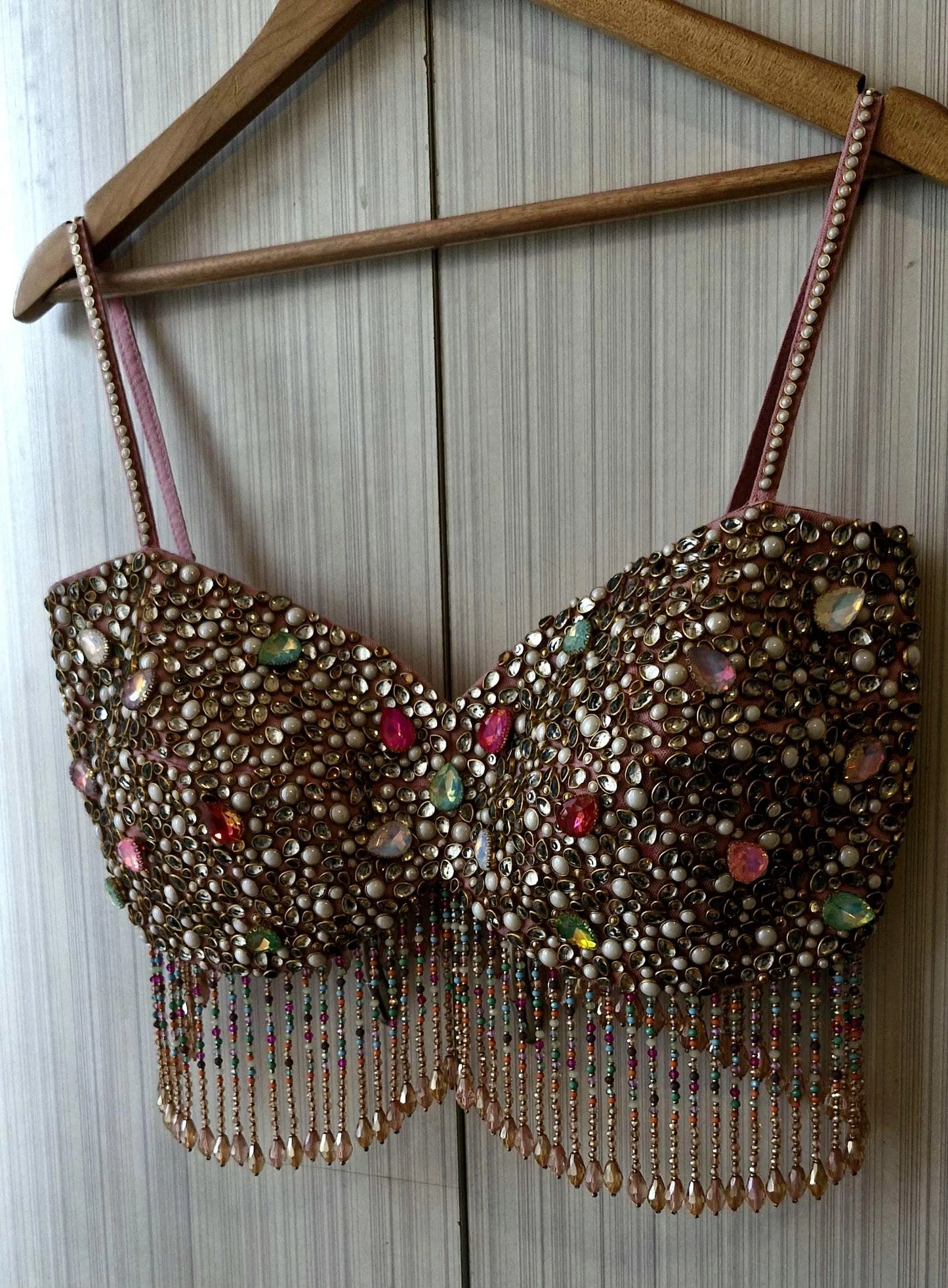 Hand Embroidered Dusty Pink Blouse, Beads & Kundan Embellishment, Bralette DVBL_481