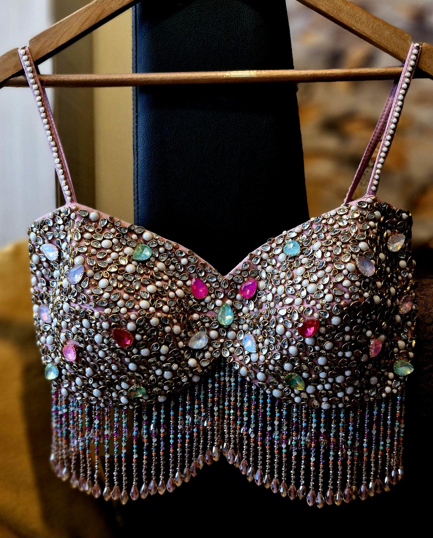 Hand Embroidered Dusty Pink Blouse, Beads & Kundan Embellishment, Bralette DVBL_481