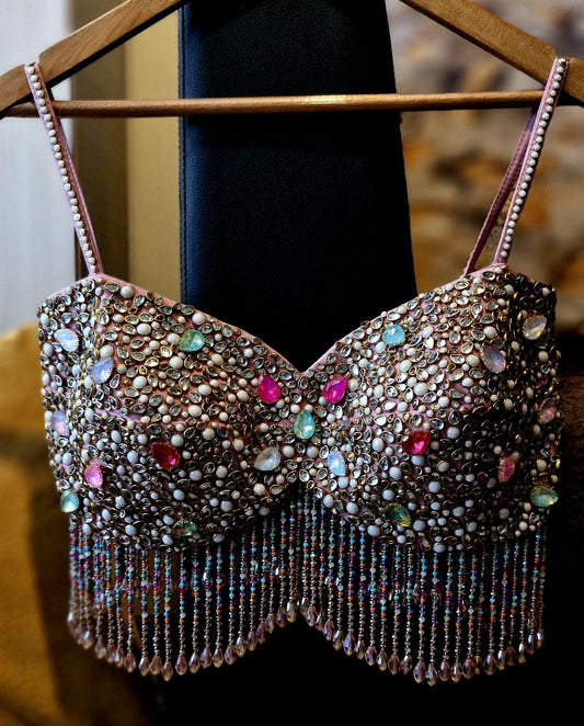 Hand Embroidered Dusty Pink Blouse, Beads & Kundan Embellishment, Bralette DVBL_481