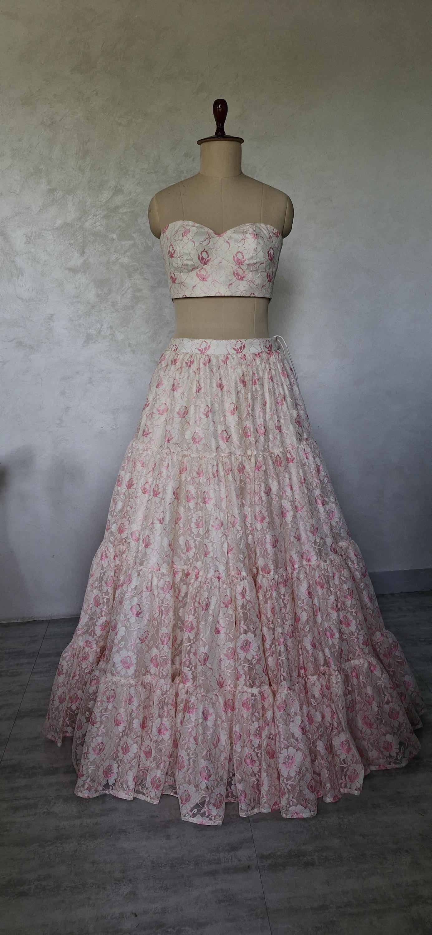 Offwhite Pink Lace Net Tiered Lehenga Skirt and Top DVMTD_0292
