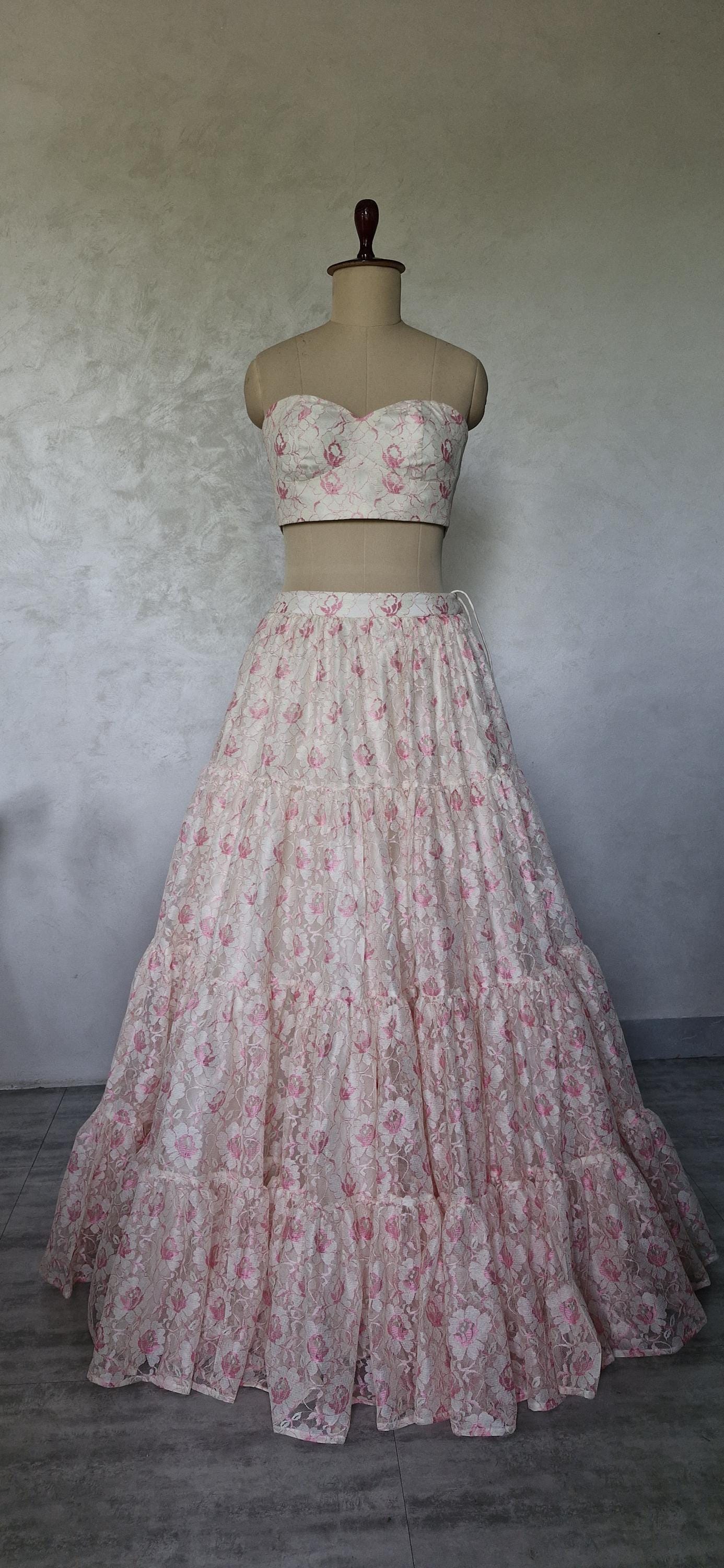 Offwhite Pink Lace Net Tiered Lehenga Skirt and Top DVMTD_0292
