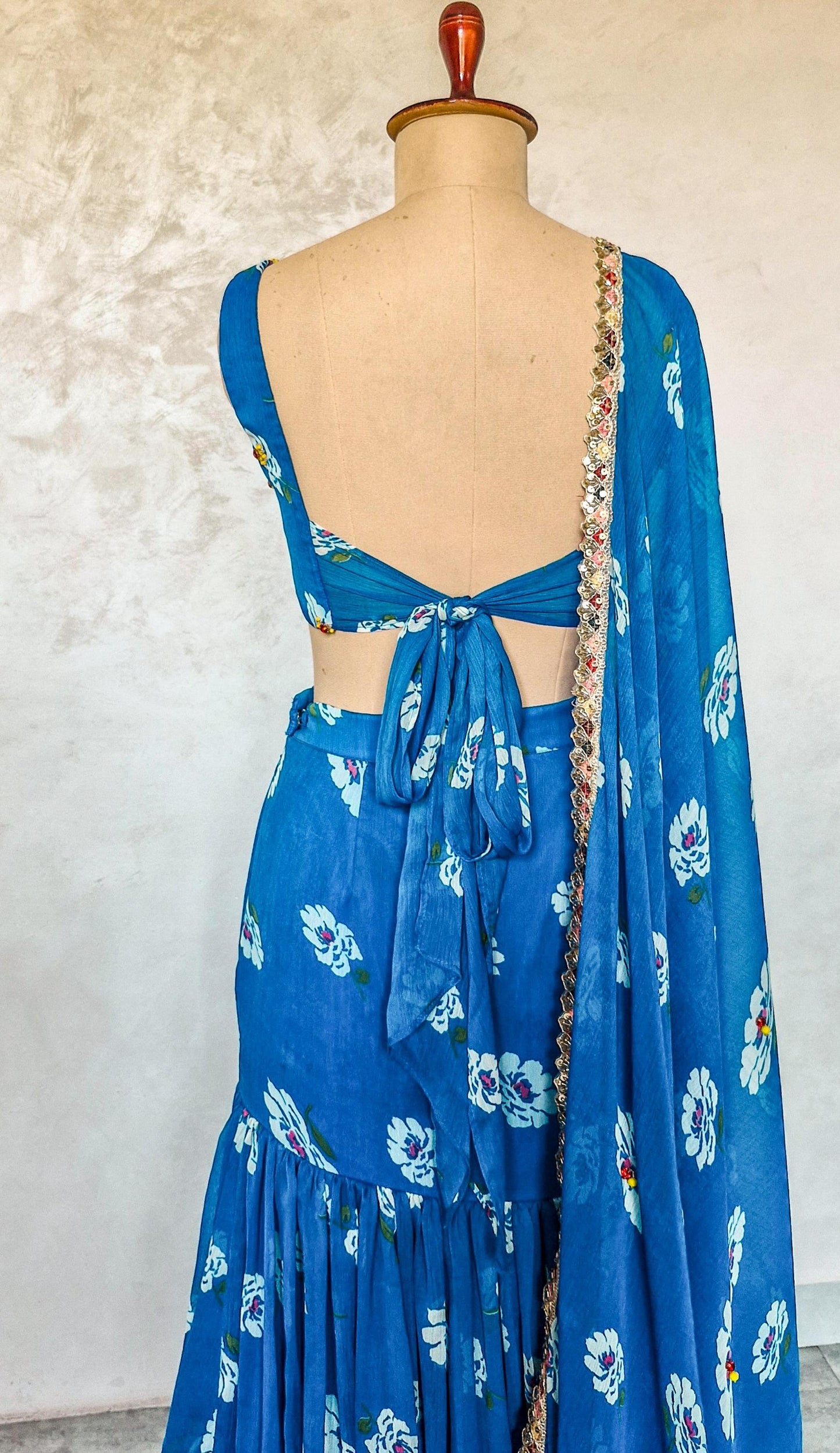 Blue Floral Print Chiffon Lehenga, Mermaid Layered Skirt, Beach Wedding DVMTD_0293