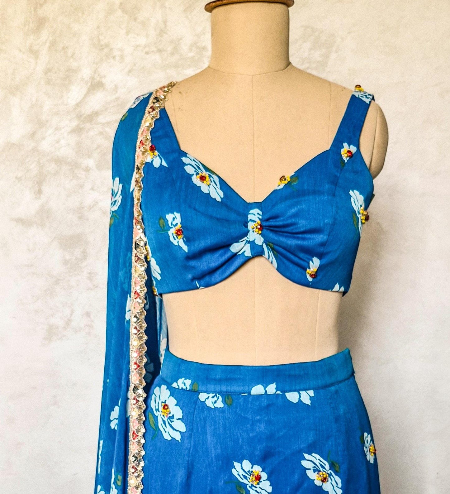 Blue Floral Print Chiffon Lehenga, Mermaid Layered Skirt, Beach Wedding DVMTD_0293