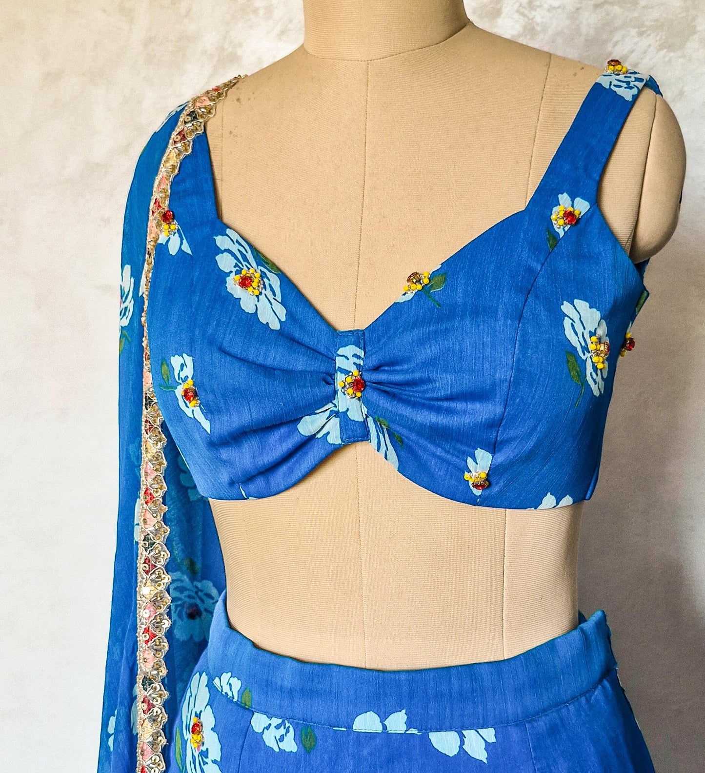 Blue Floral Print Chiffon Lehenga, Mermaid Layered Skirt, Beach Wedding DVMTD_0293