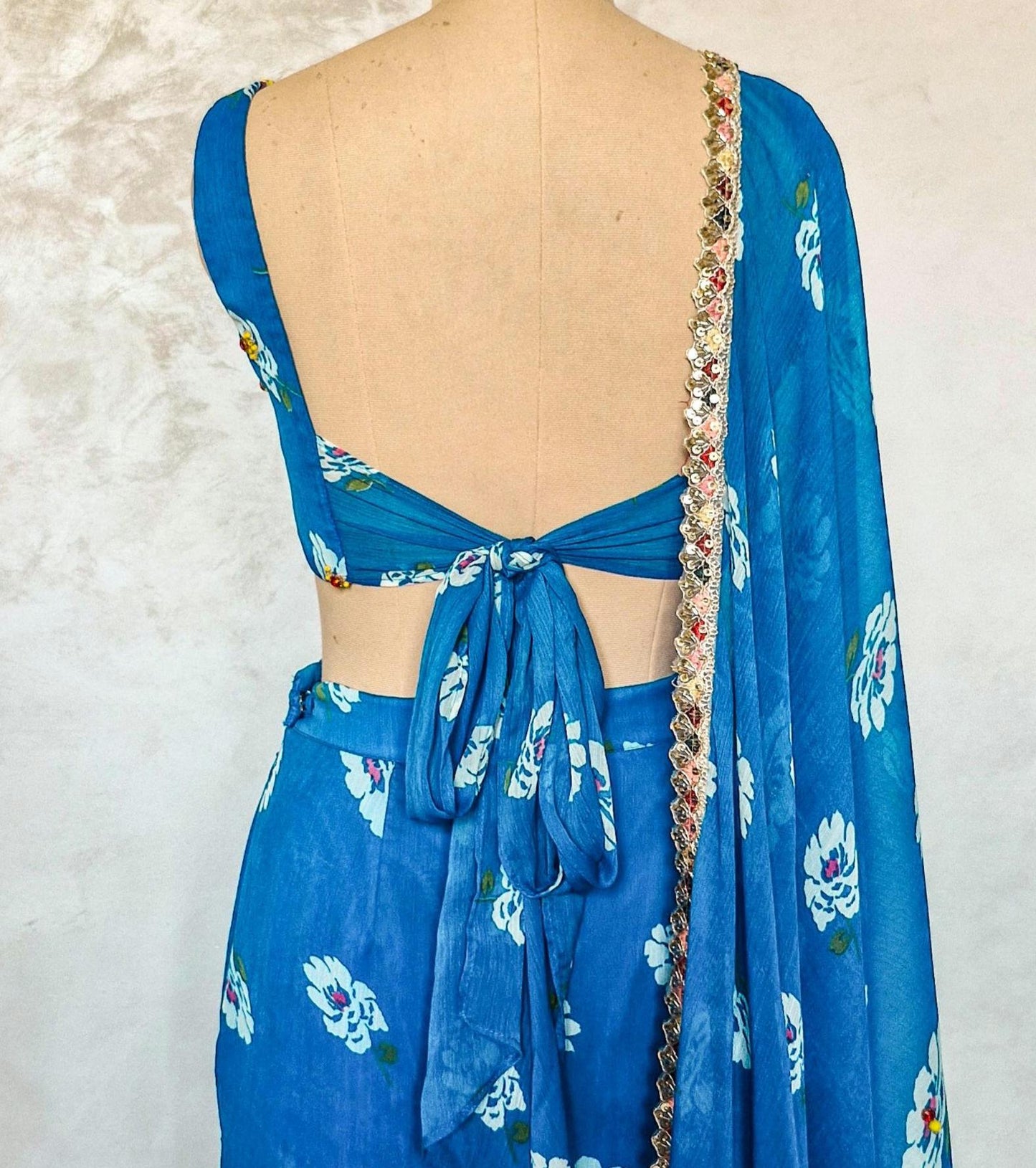 Blue Floral Print Chiffon Lehenga, Mermaid Layered Skirt, Beach Wedding DVMTD_0293