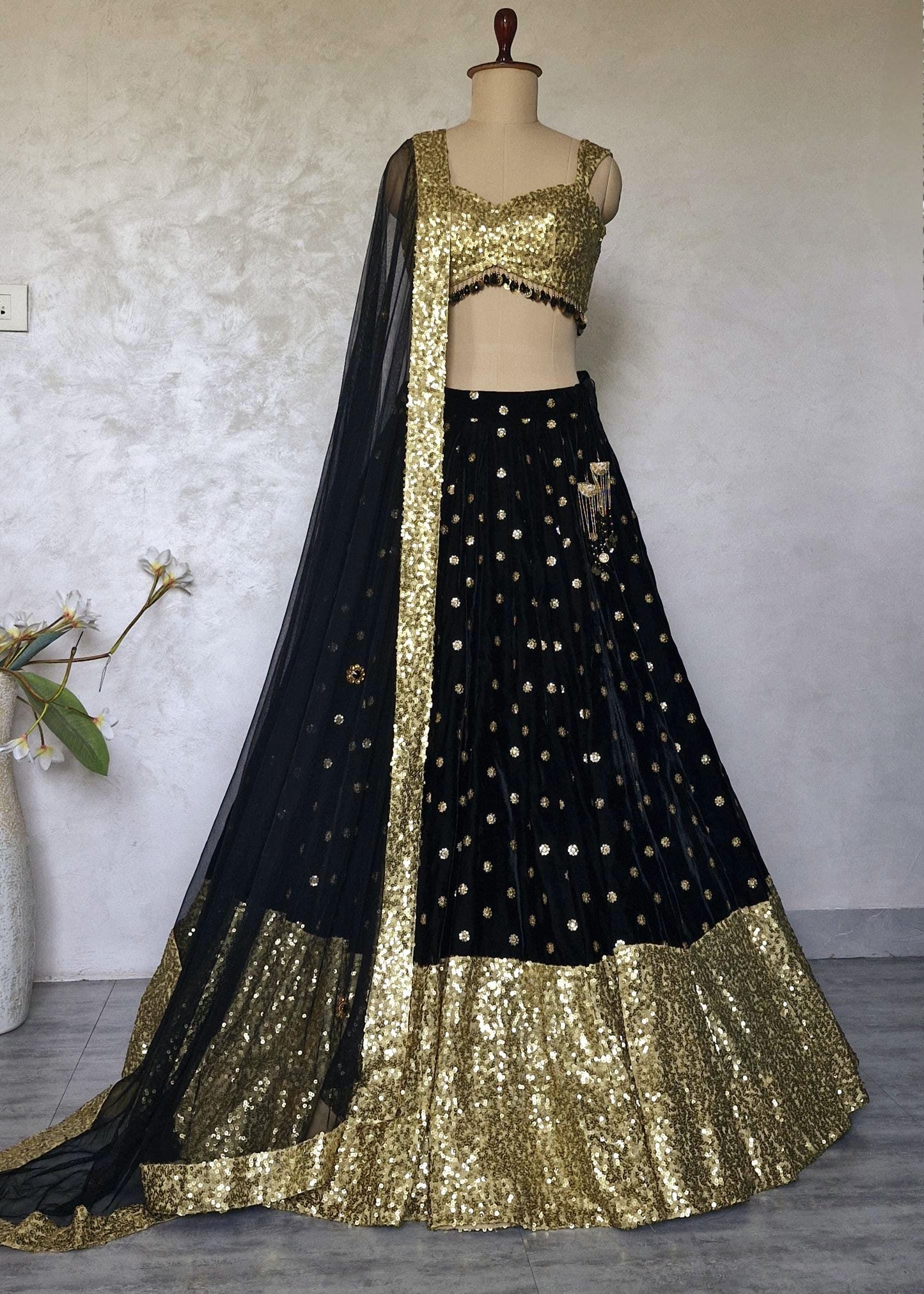 Black Gold Velvet, Sequins Lehenga Choli DVMTD_0291
