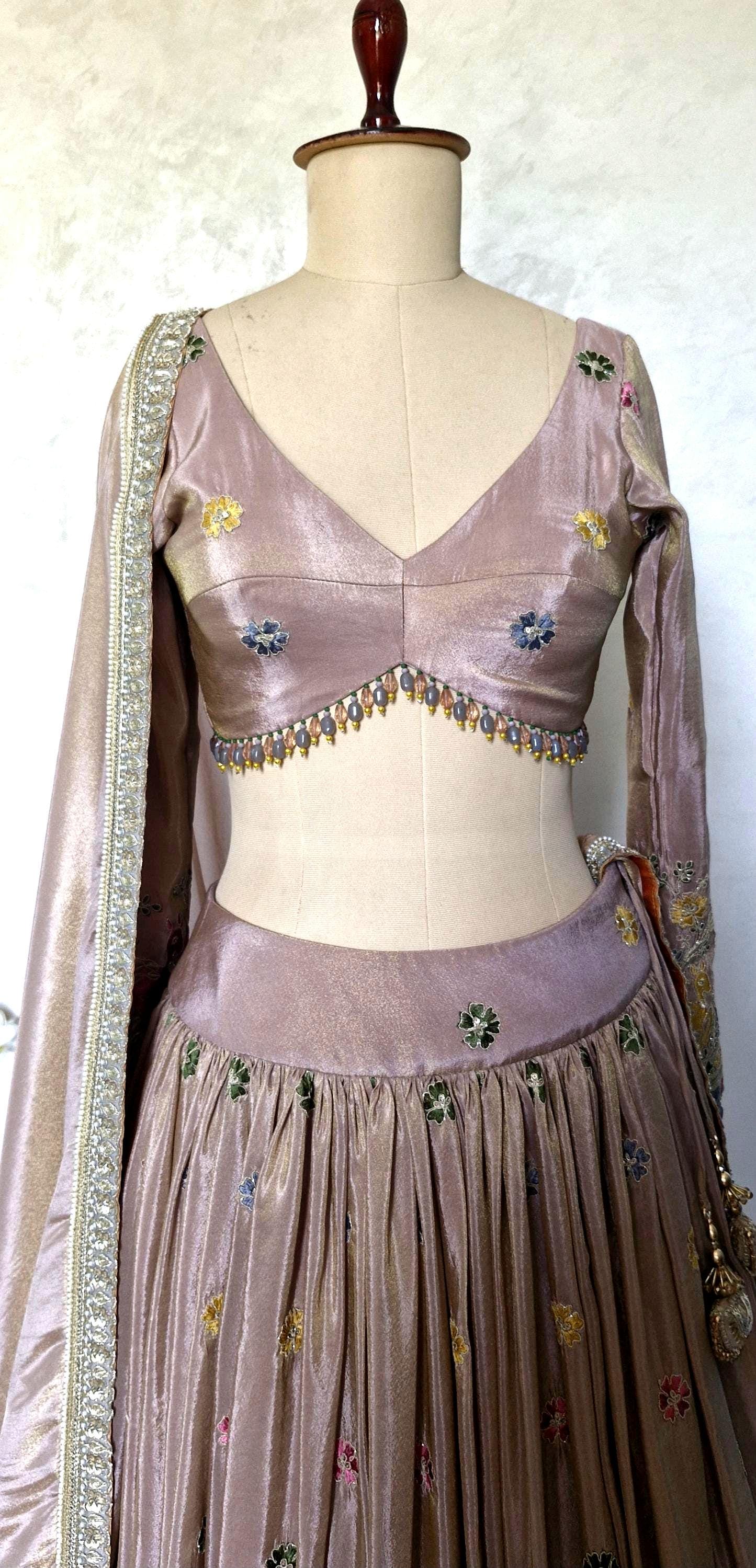 Dusty Pink Tissue Silk Lehenga Choli for Mehendi, Sangeet DVMTD_0290