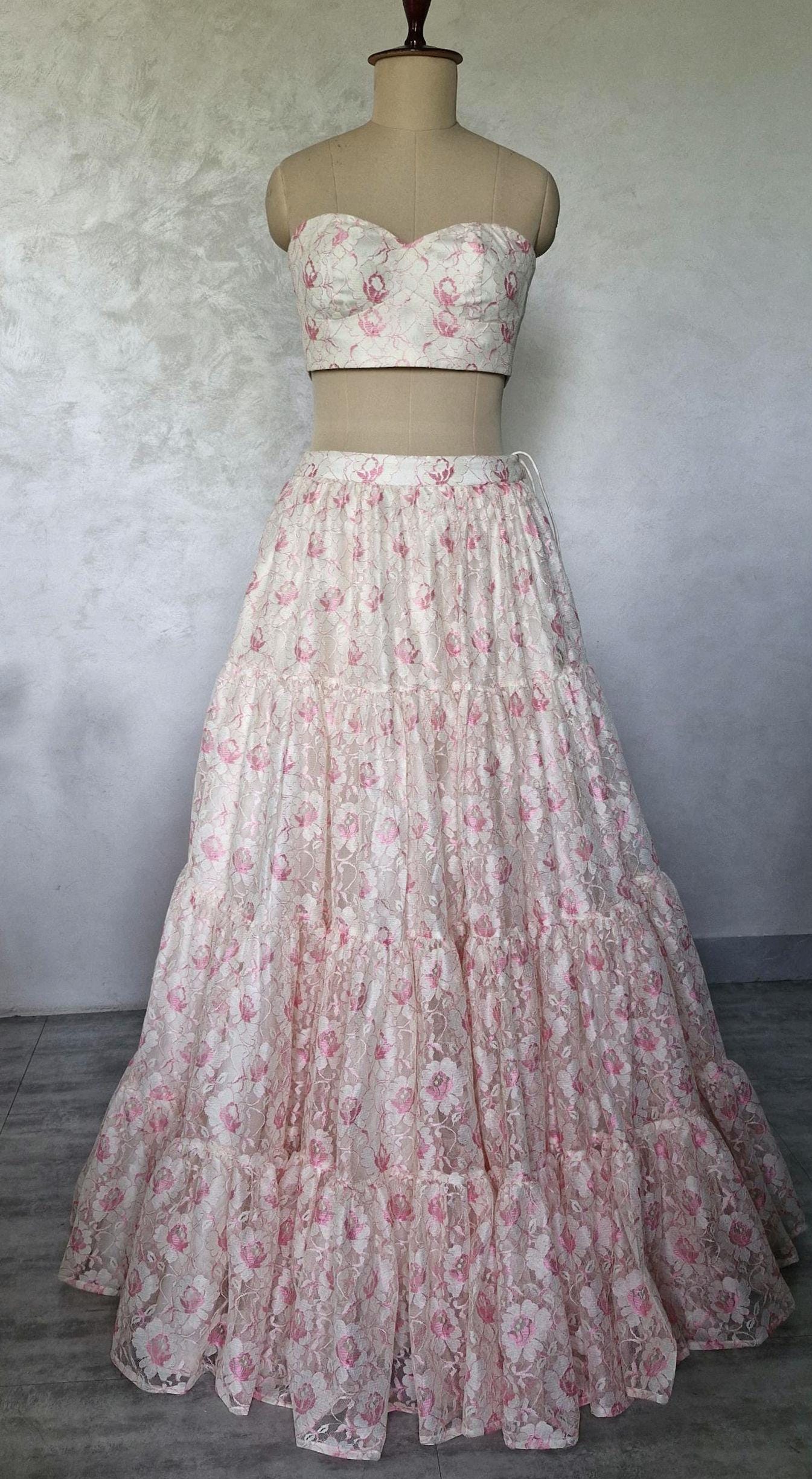 Offwhite Pink Lace Net Tiered Lehenga Skirt and Top DVMTD_0292